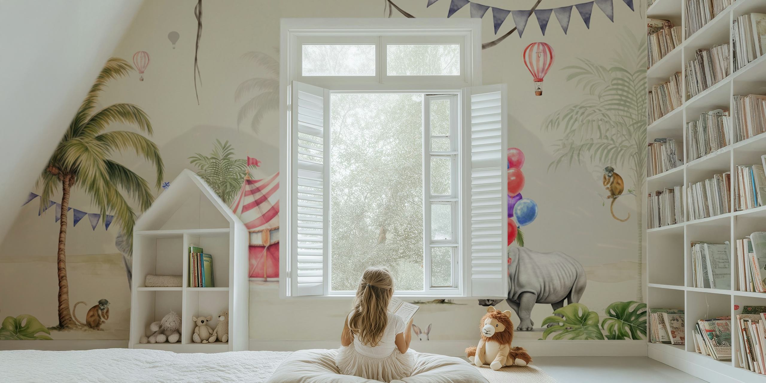 Väggmålning med karnevalstema med ett randigt tält, bunting, luftballonger och djur