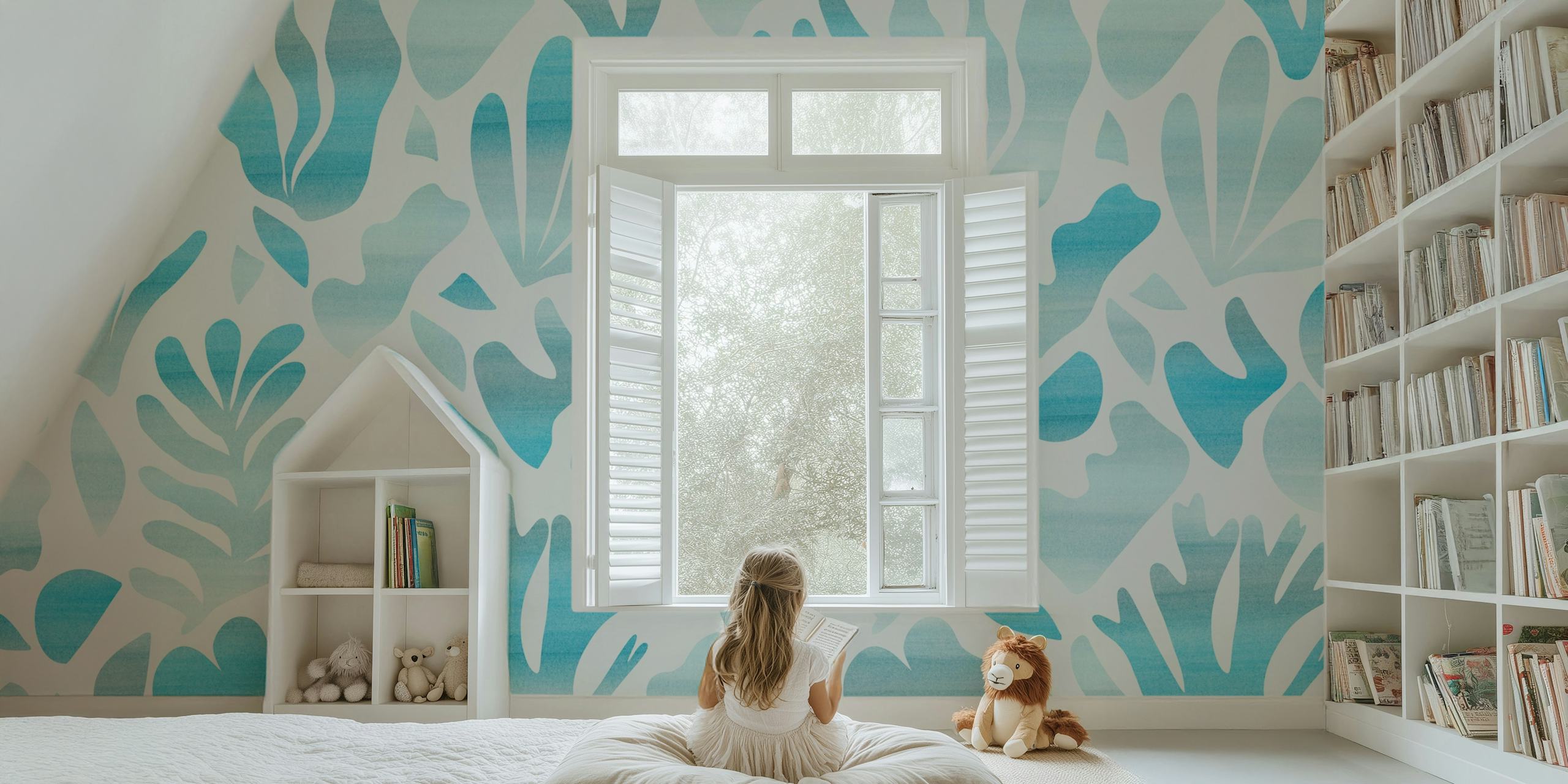 Abstract seagrass shapes in shades of blue and white wallpaper
