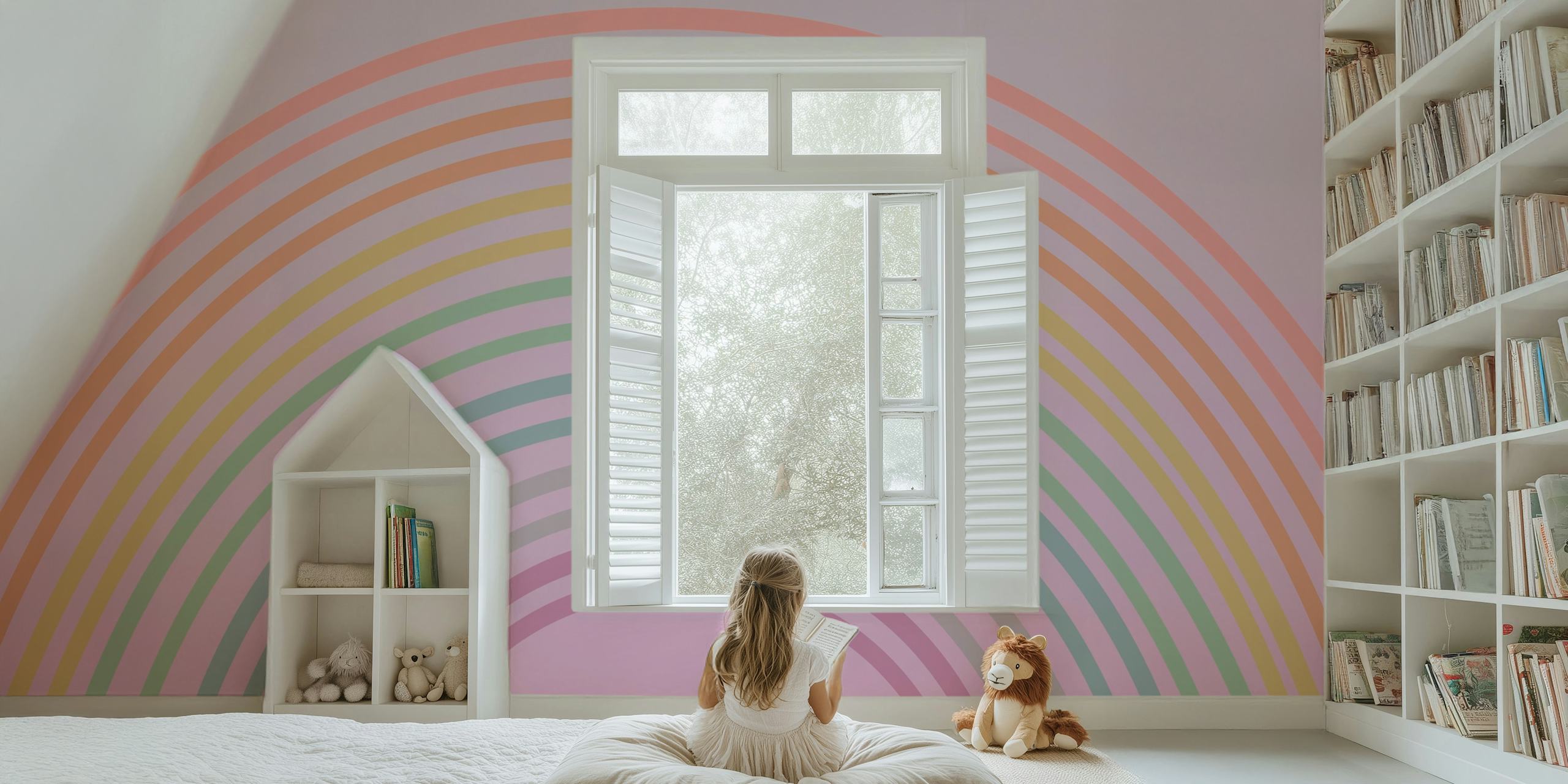 Happy Pastel Boho Rainbow-tapetti esillä huoneessa