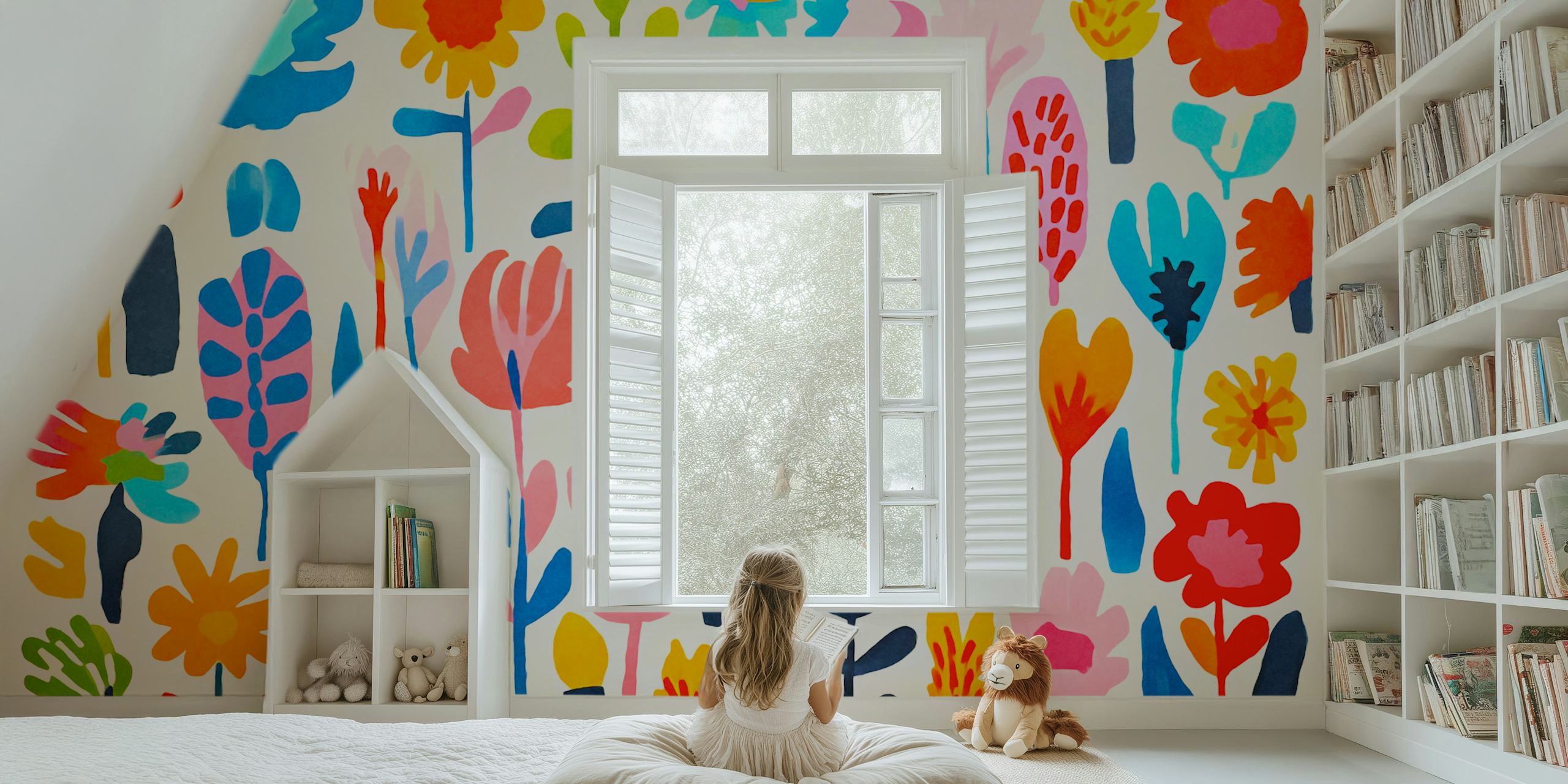 Farverig blomster tapet i et rum