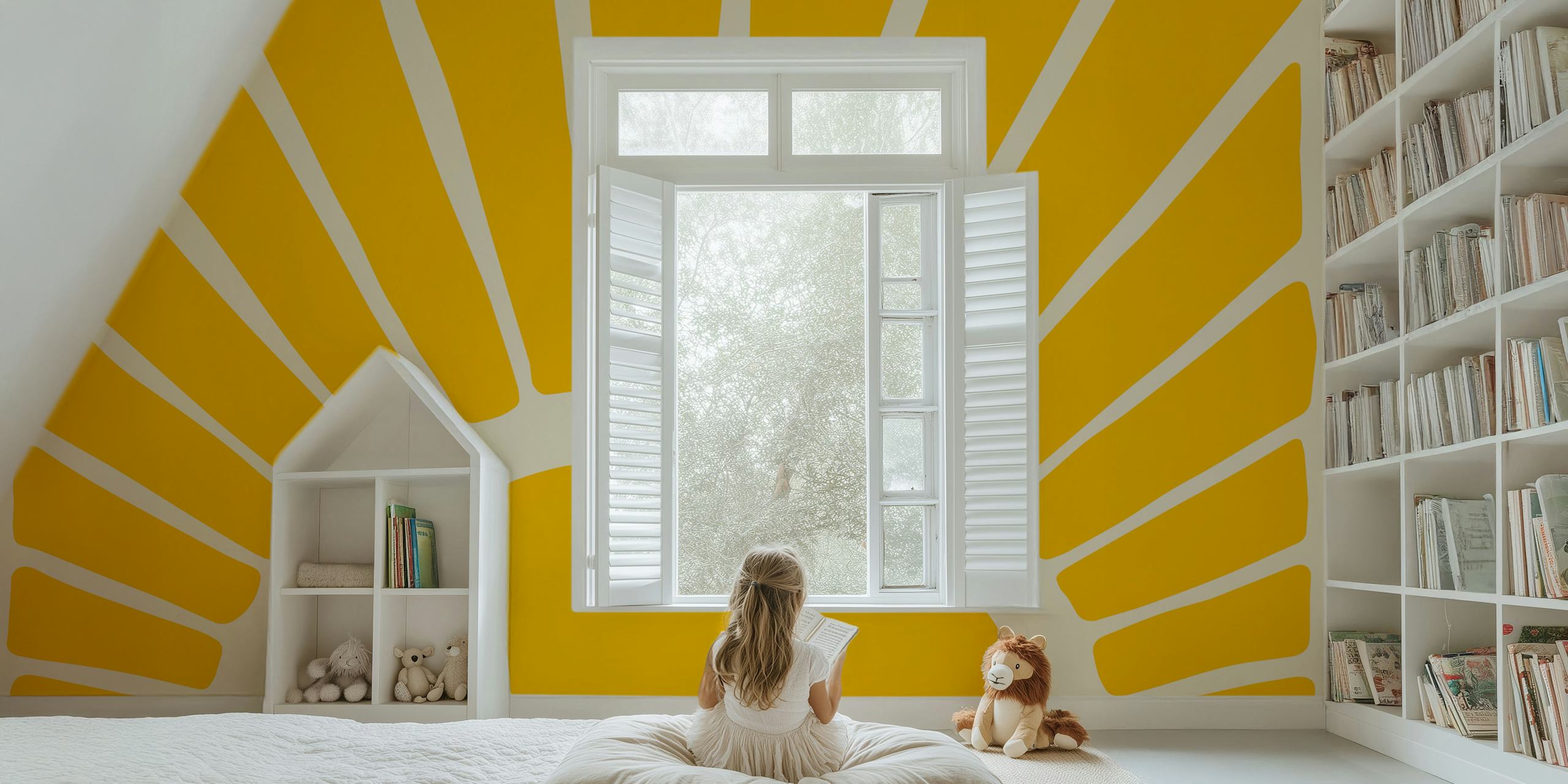 Yellow striped sunburst wallpaper in a room