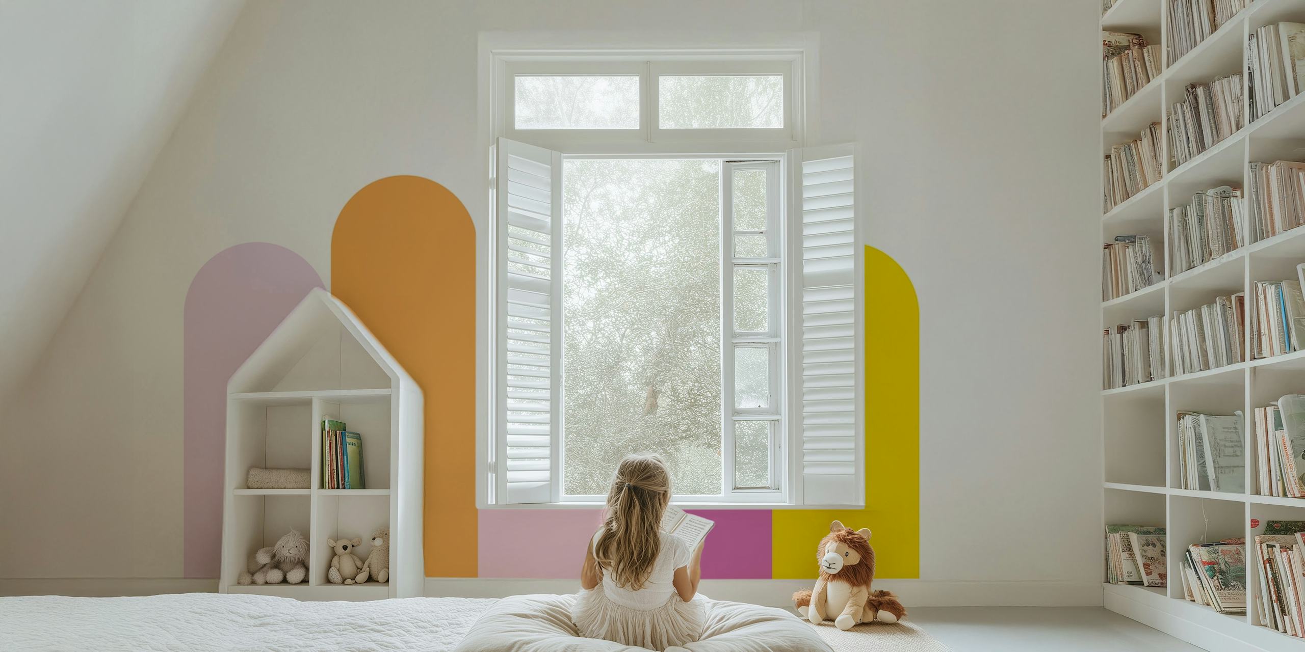 Colorful pastel rainbow arches in yellow, pink, orange, and lavender wallpaper