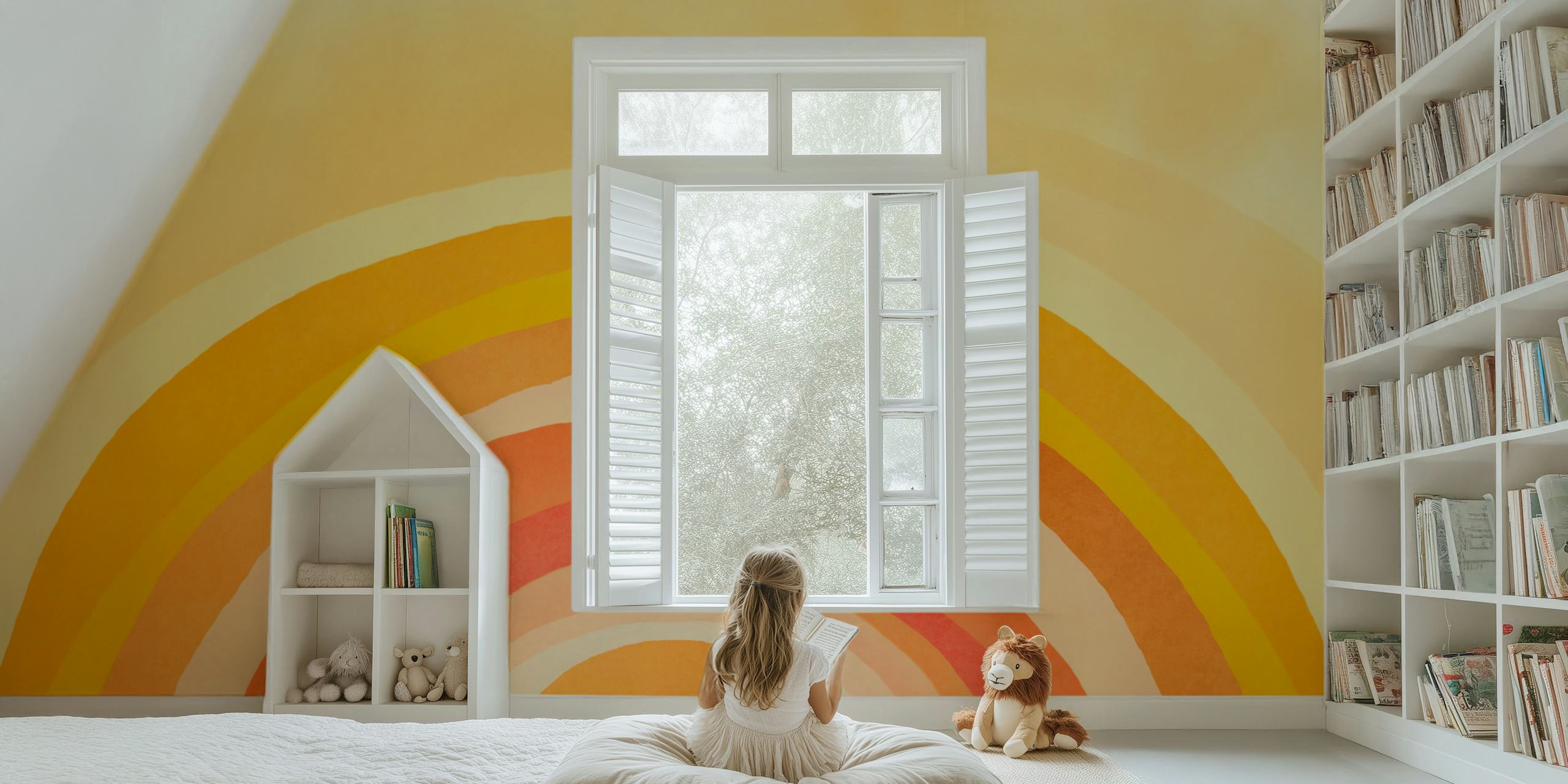 Papel de parede Whimsy Boho Rainbow Ombre em um quarto