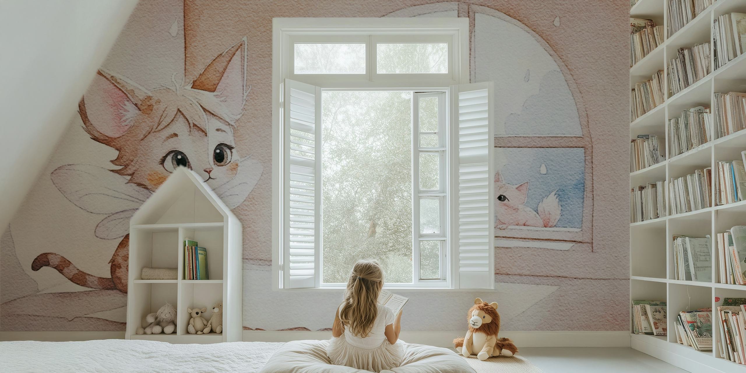Fairy cat wallpaper in cozy room