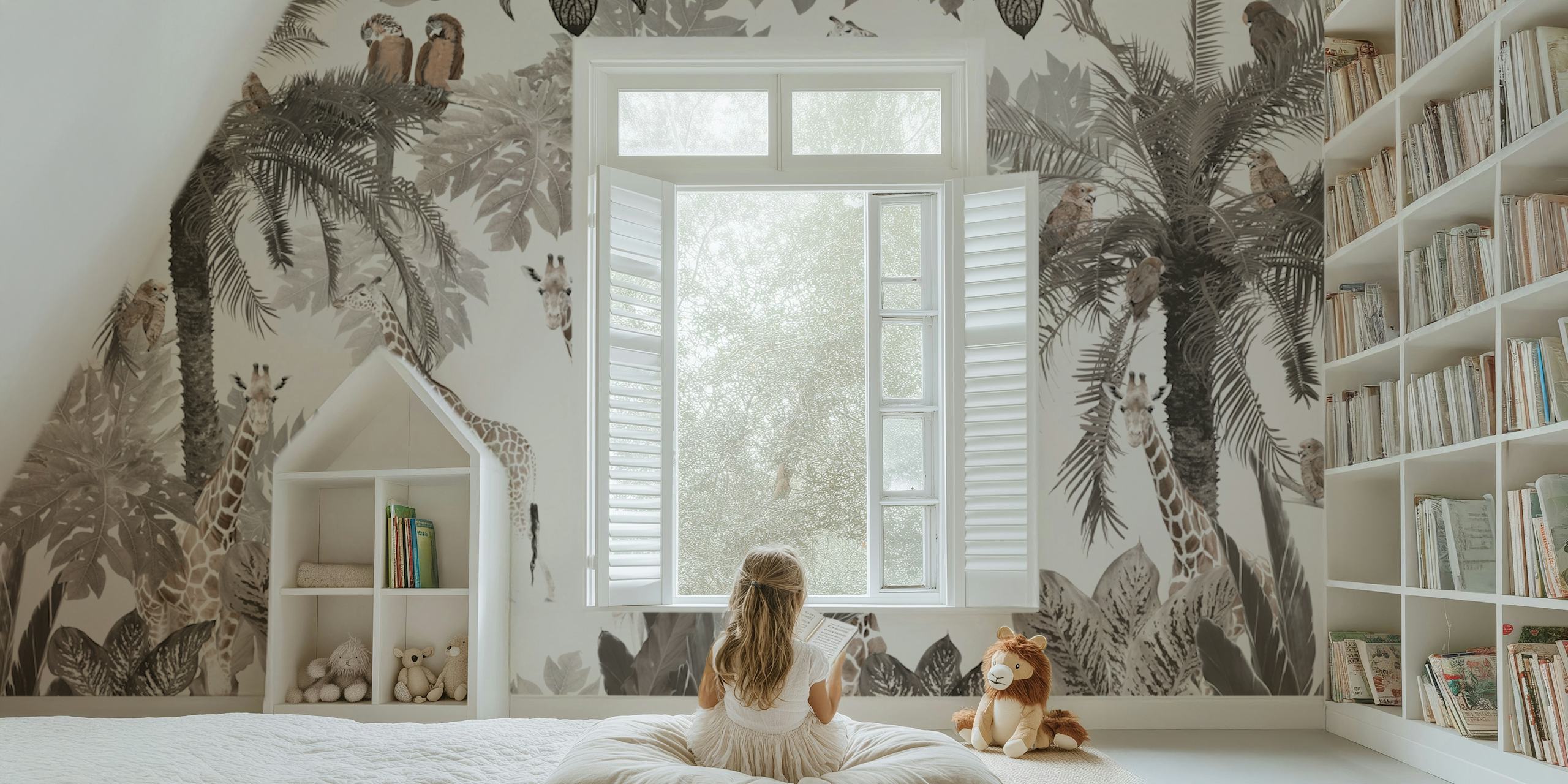 Tropical safari wallpaper with giraffes, palm leaves, and exotic birds in neutral tones