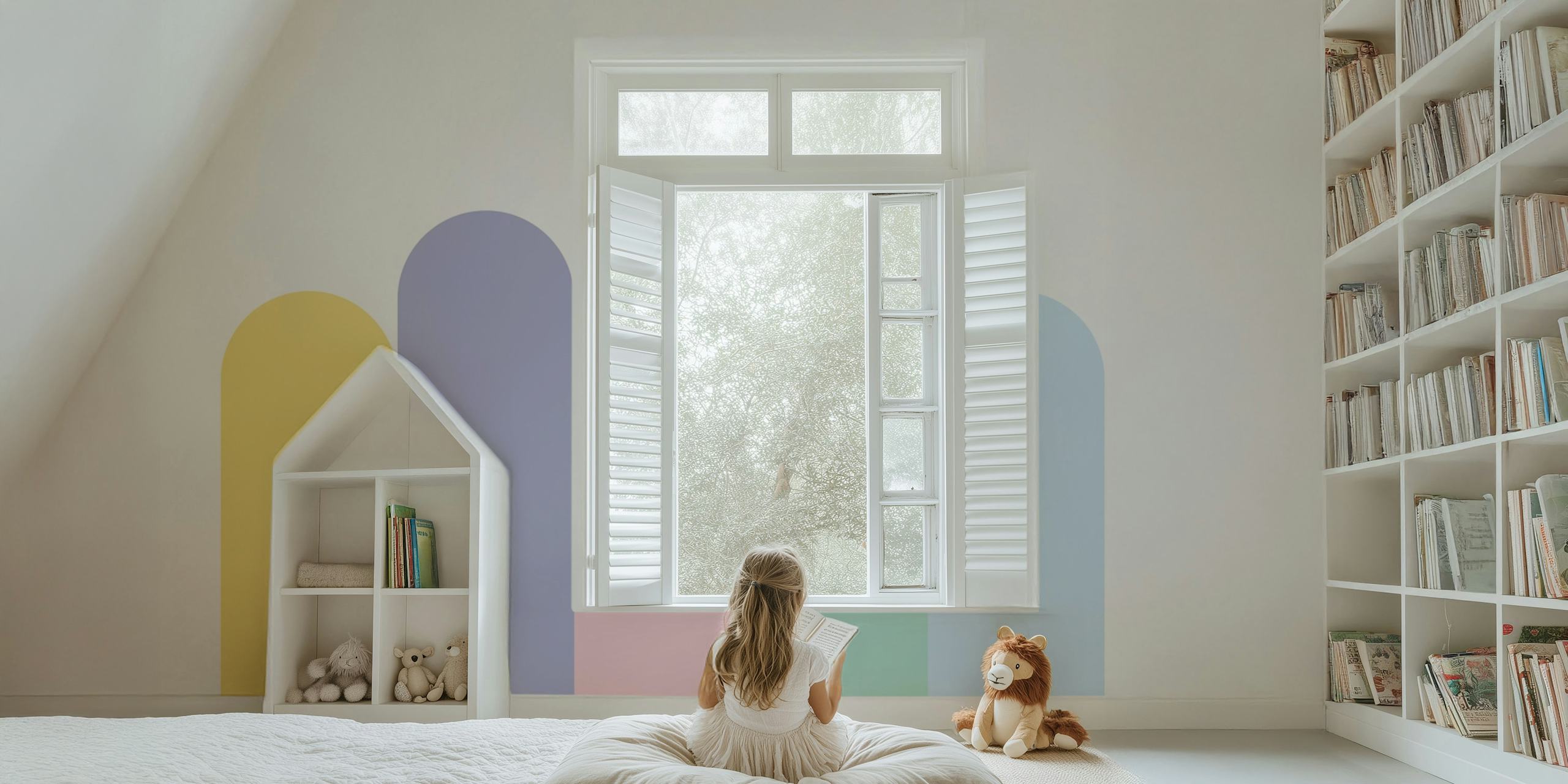 Delikatna pastelowa fototapeta Rainbow Arches z abstrakcyjnym wzorem w kolorze żółtym, lawendowym, różowym i niebieskim