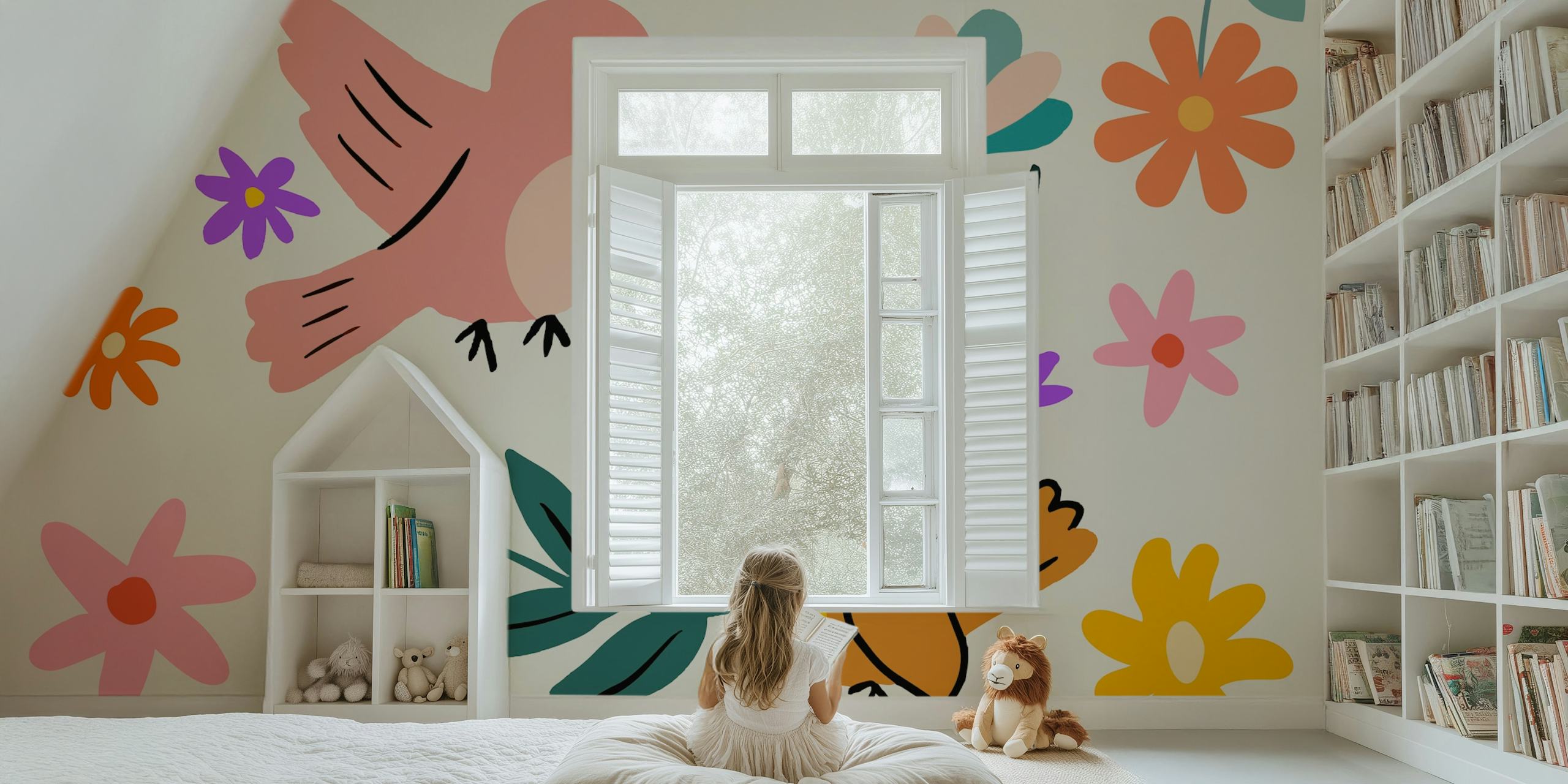 Pink and brown birds with colorful flowers on light background wallpaper