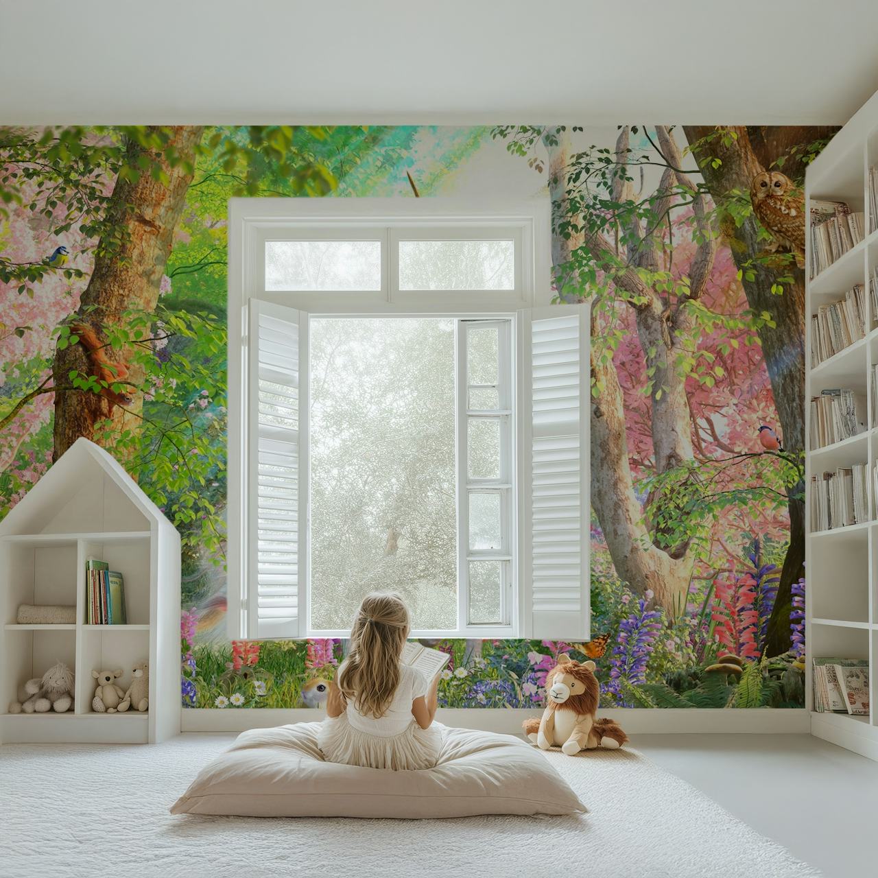 Unicorn in a vibrant forest with flowers and trees, colorful magical wallpaper