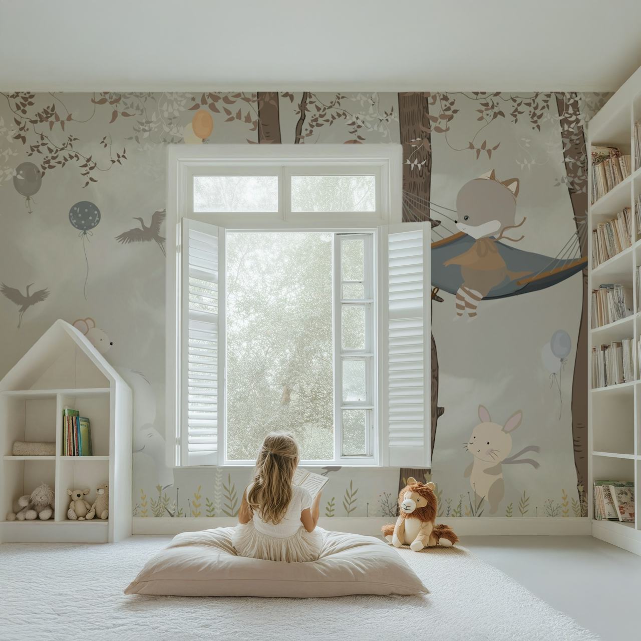 Cute animal forest featuring elephants, raccoons, and balloons in soft colors wallpaper