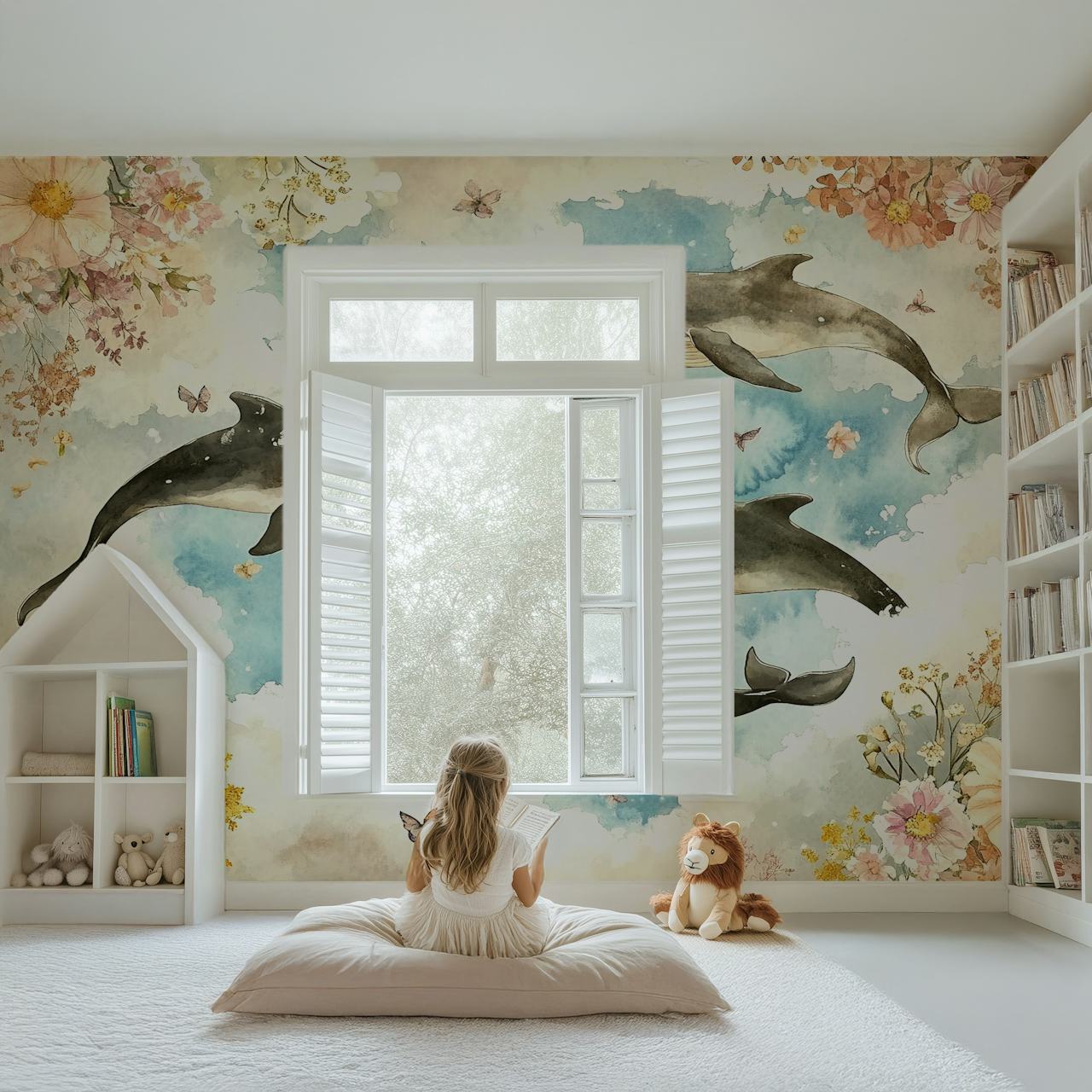 Family of whales wallpaper design