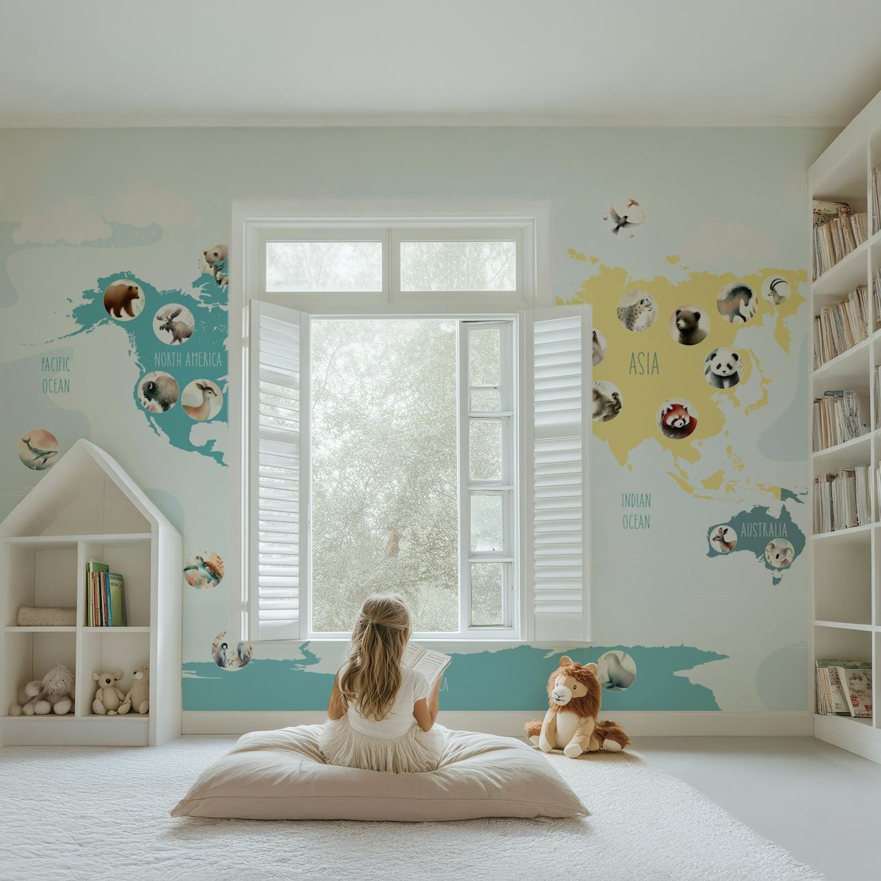 Teal wildlife world map wallpaper in a room.