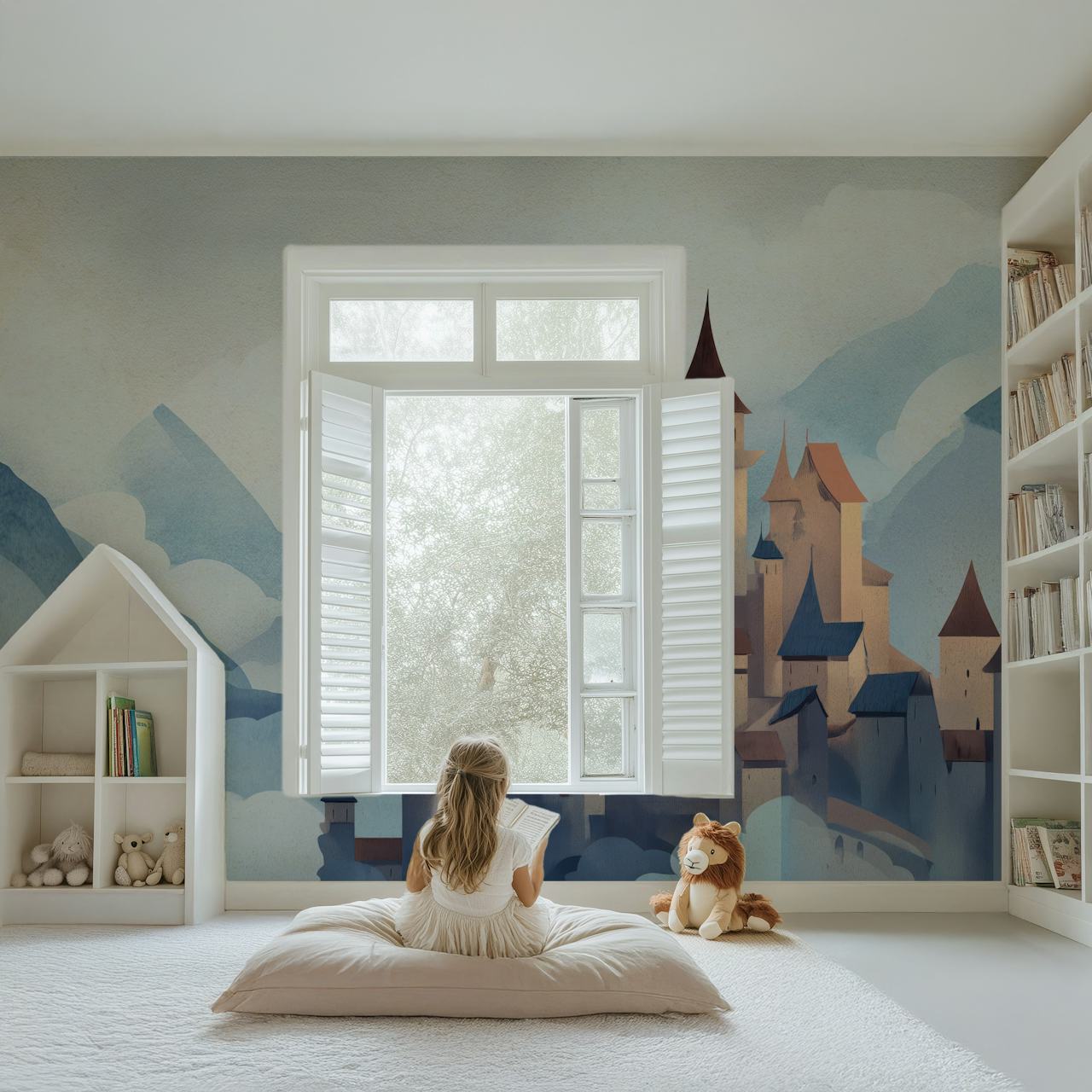 Whimsical dreamy mountain castle wallpaper in a room