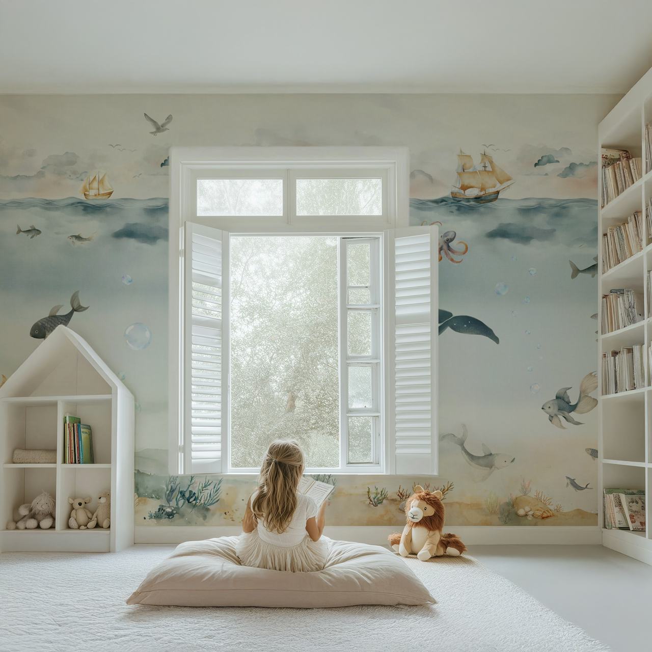 Ocean Adventure Watercolor Whale and Sea Life design della carta da parati