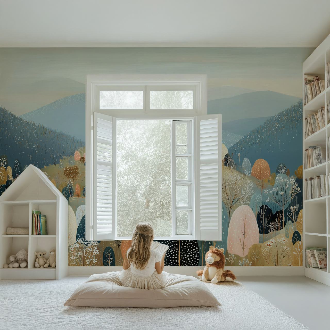 Papier peint Tranquil Mountain Forest dans une pièce cocooning