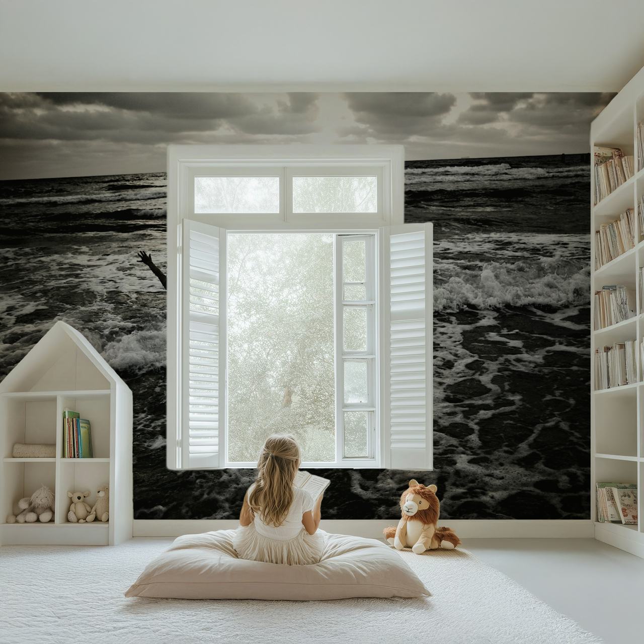 Person jumping in the ocean with waves crashing around, black and white wallpaper