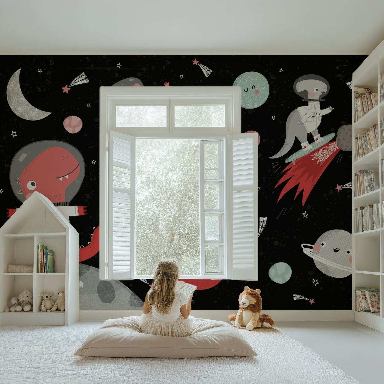Dinosaur wallpaper in a colorful room