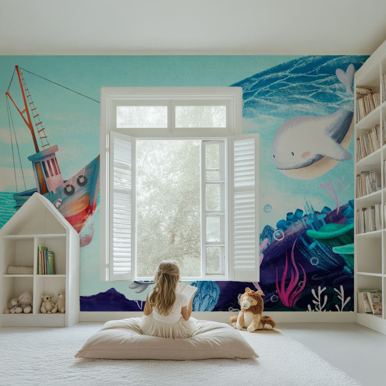 Underwater marine world wallpaper with colorful fish, coral, and a boat
