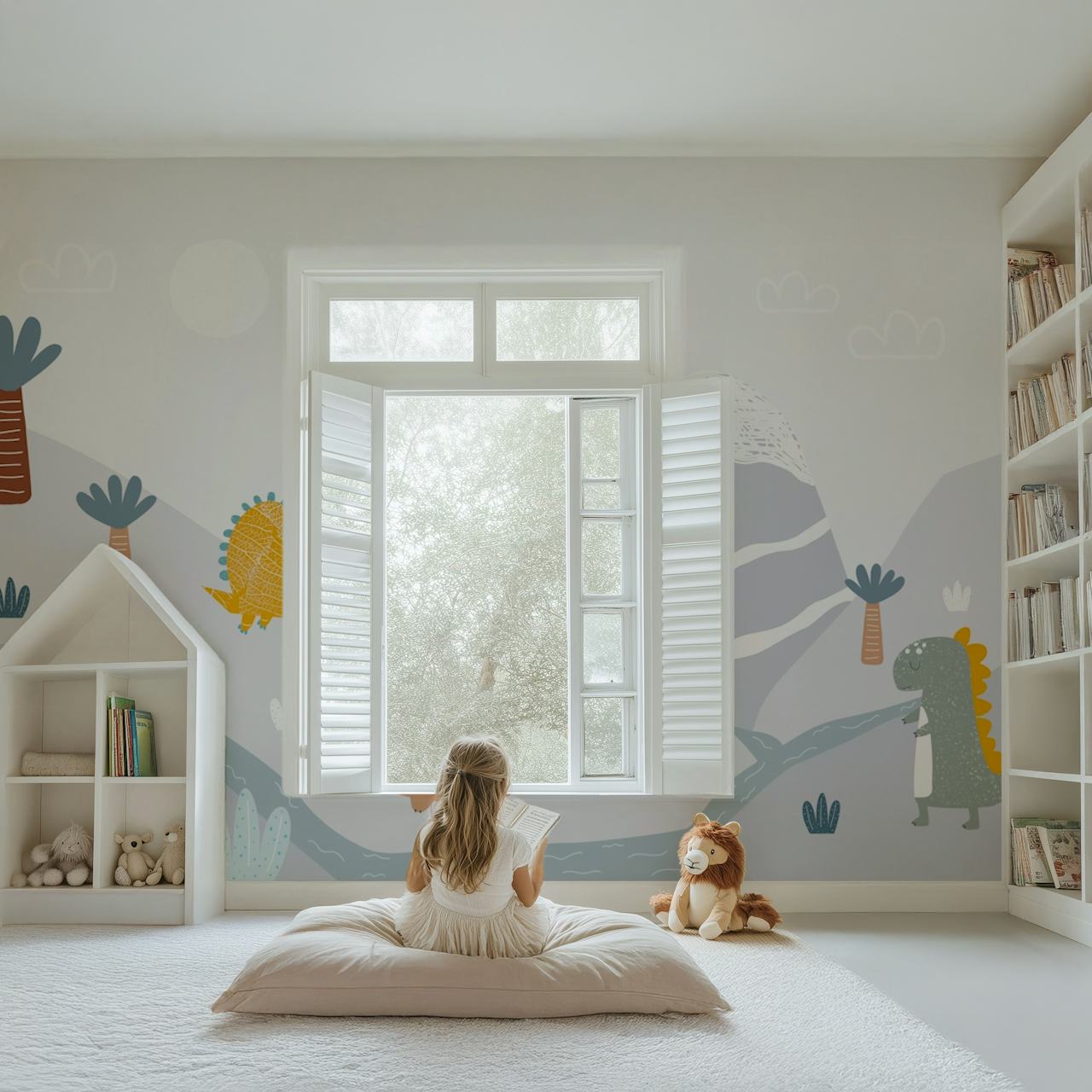 Playful dinosaurs in a whimsical landscape wallpaper