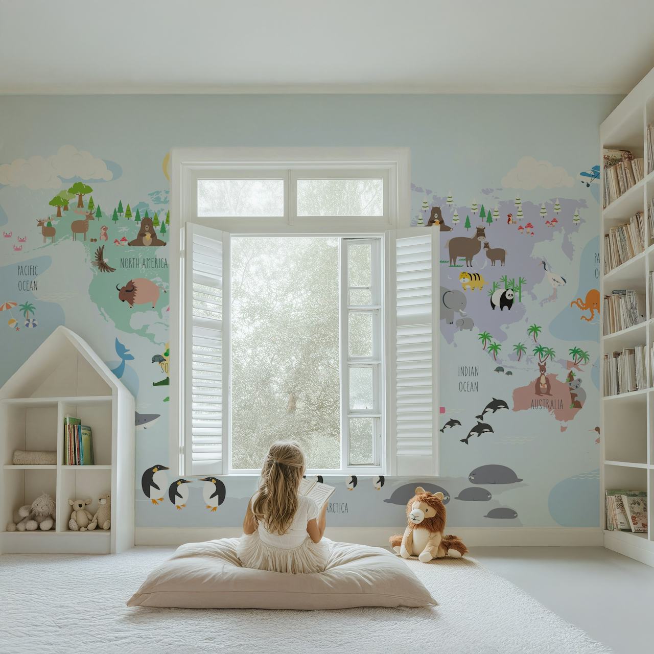 Fotomural infantil ilustrado con mapamundi y simpáticos animales