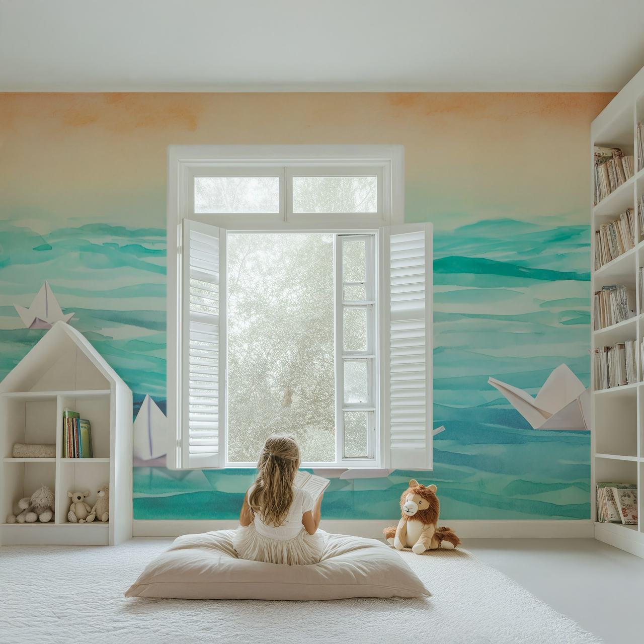 Origami paper boats on a watercolor sea wall mural