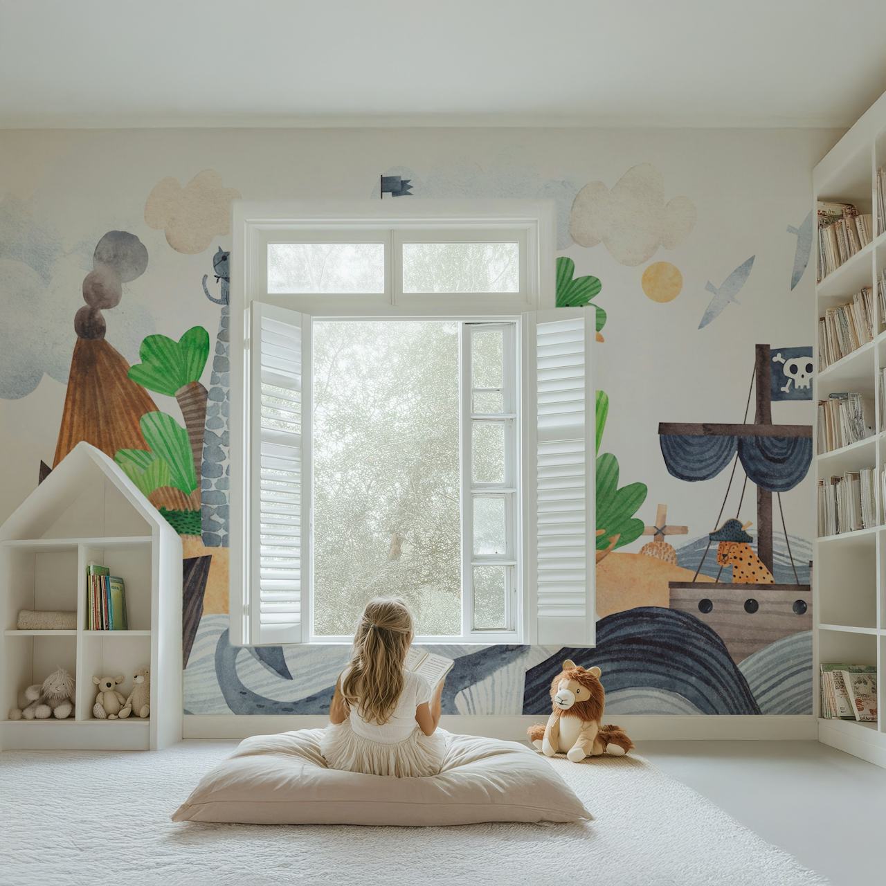 Design de papel de parede Pirate fortress em um quarto