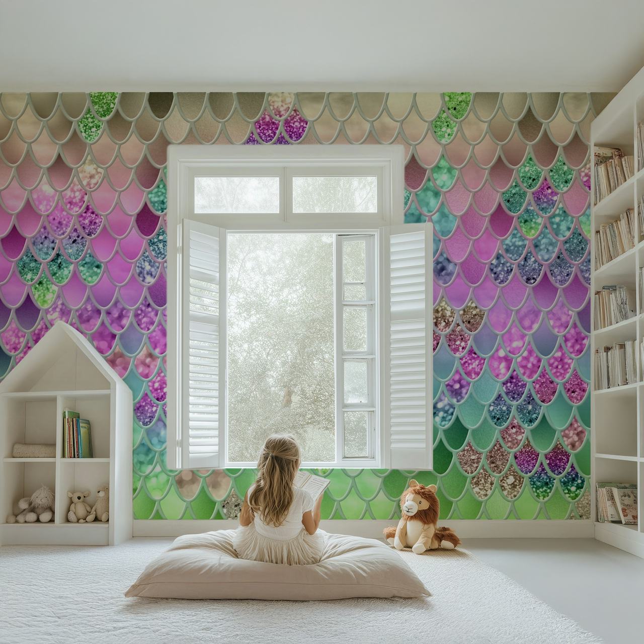 Mermaid Glitter Scales wallpaper in a room