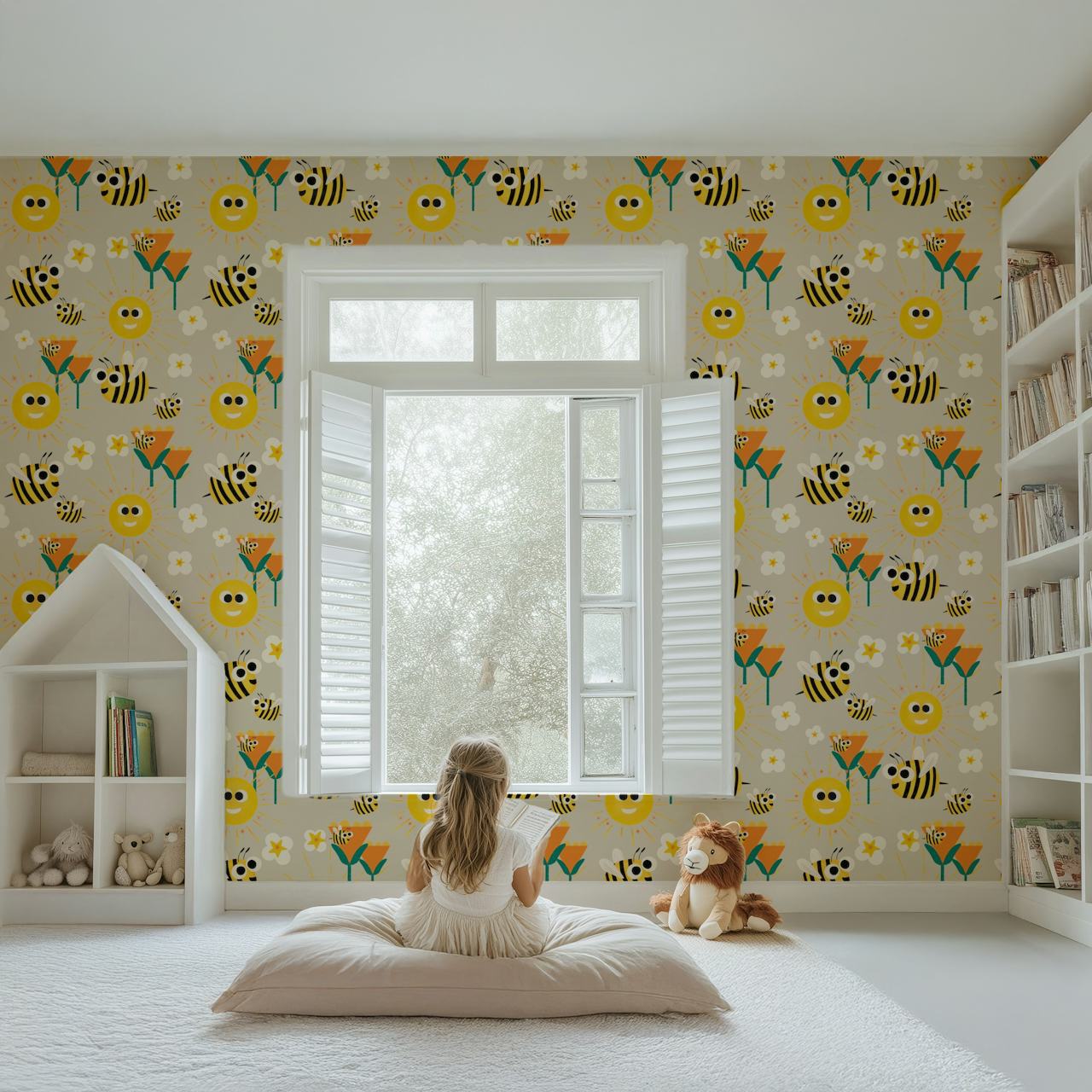 Wallpaper featuring bees and flowers pattern