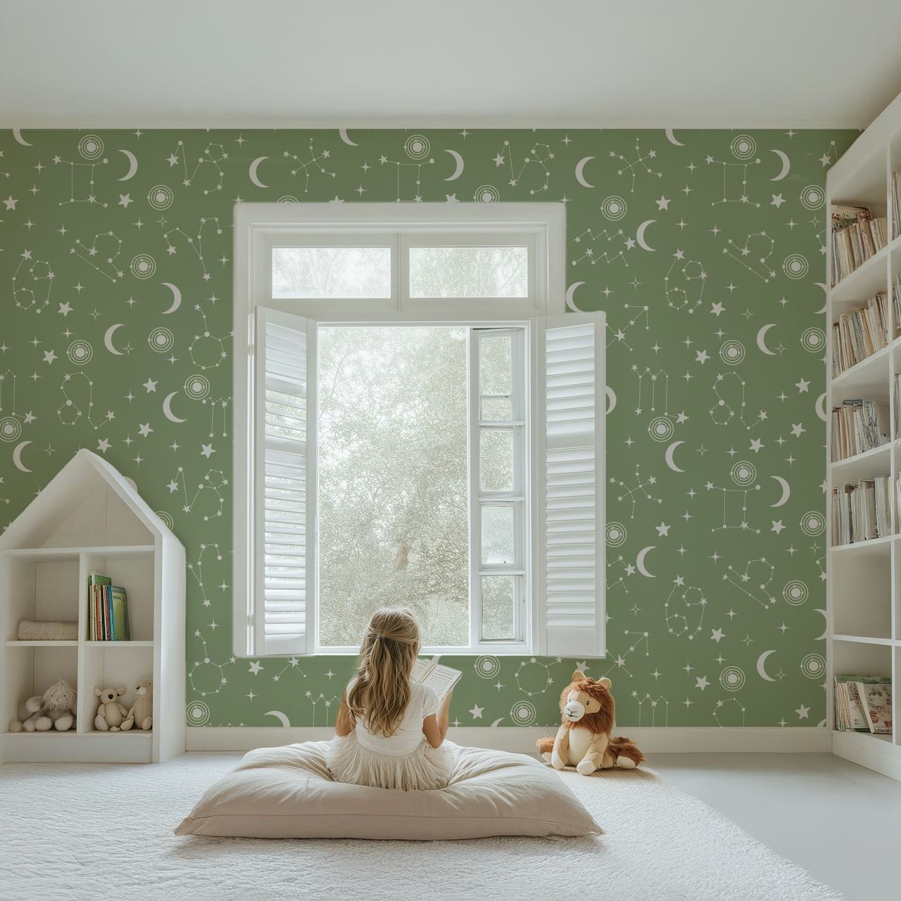 Stars and Constellations Green carta da parati in una stanza