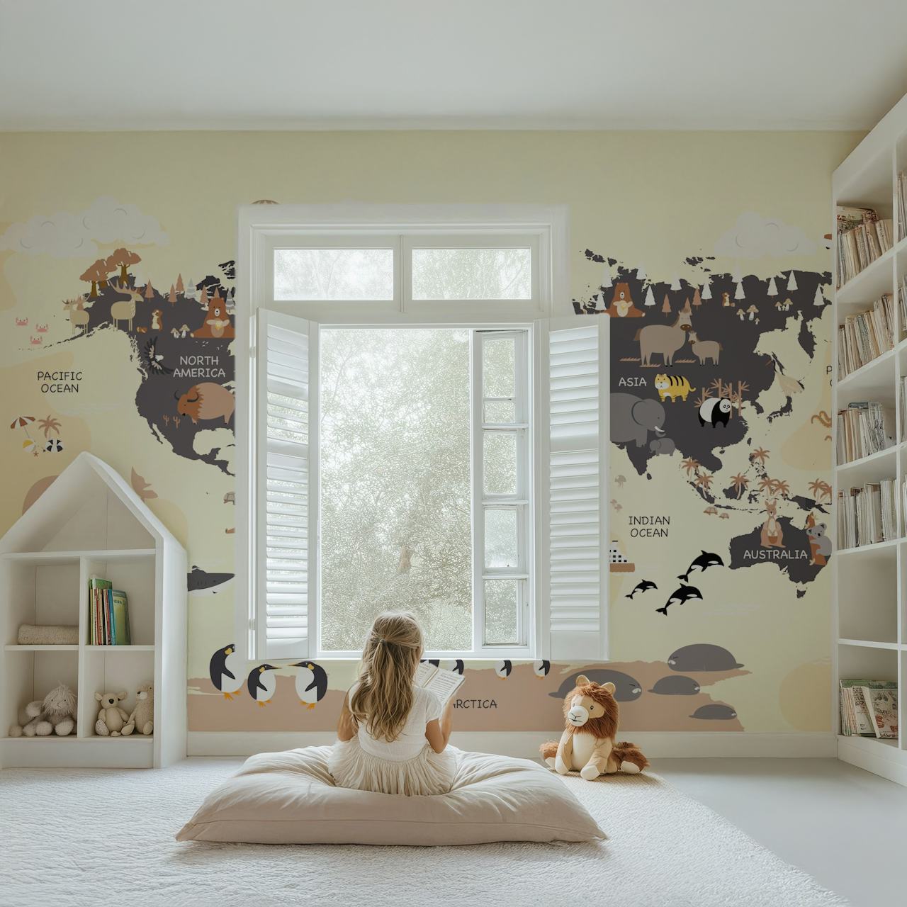 Colorful world map featuring animals and landmarks. Playroom wallpaper.