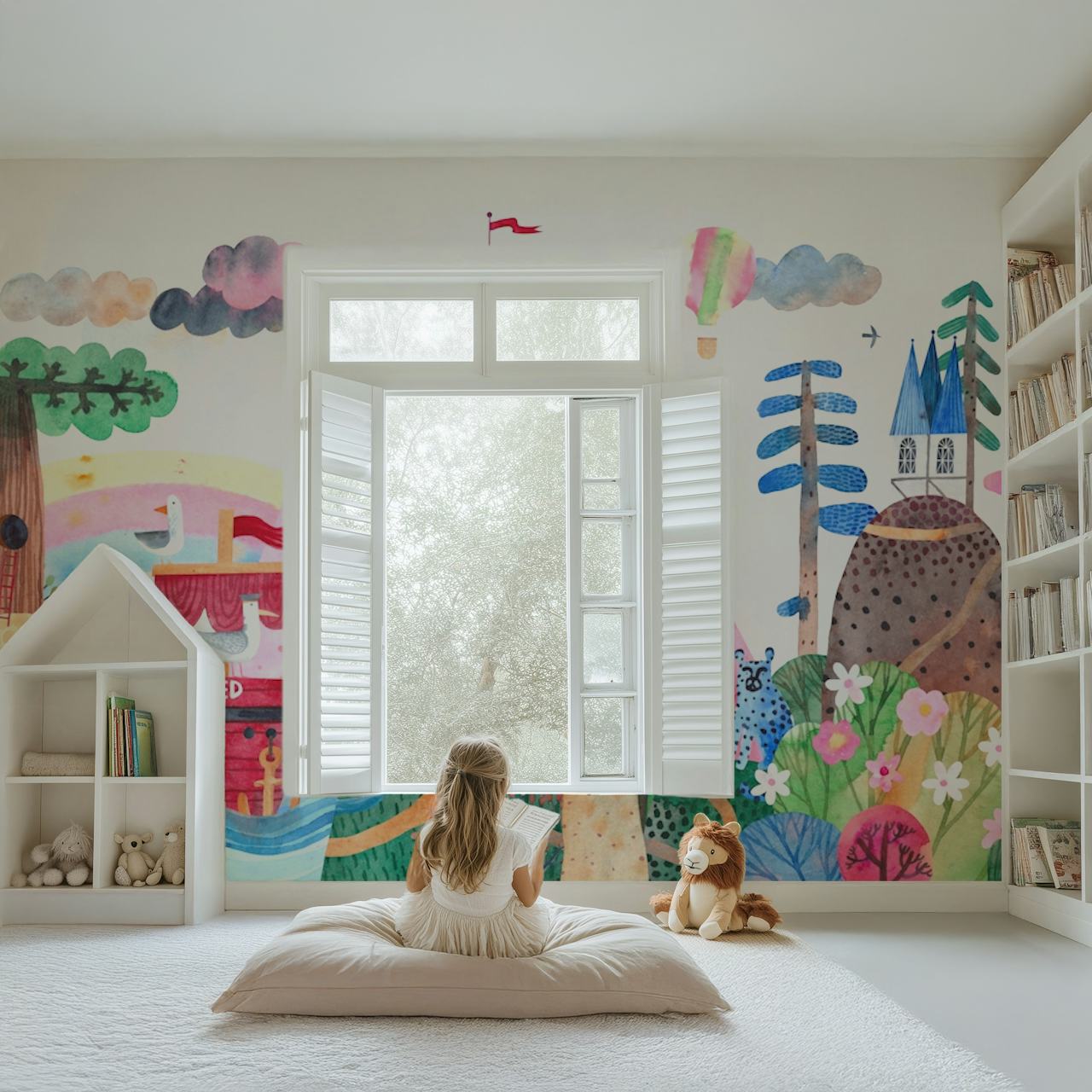 Colorful castle and forest scene with dinosaurs and rainbow wallpaper