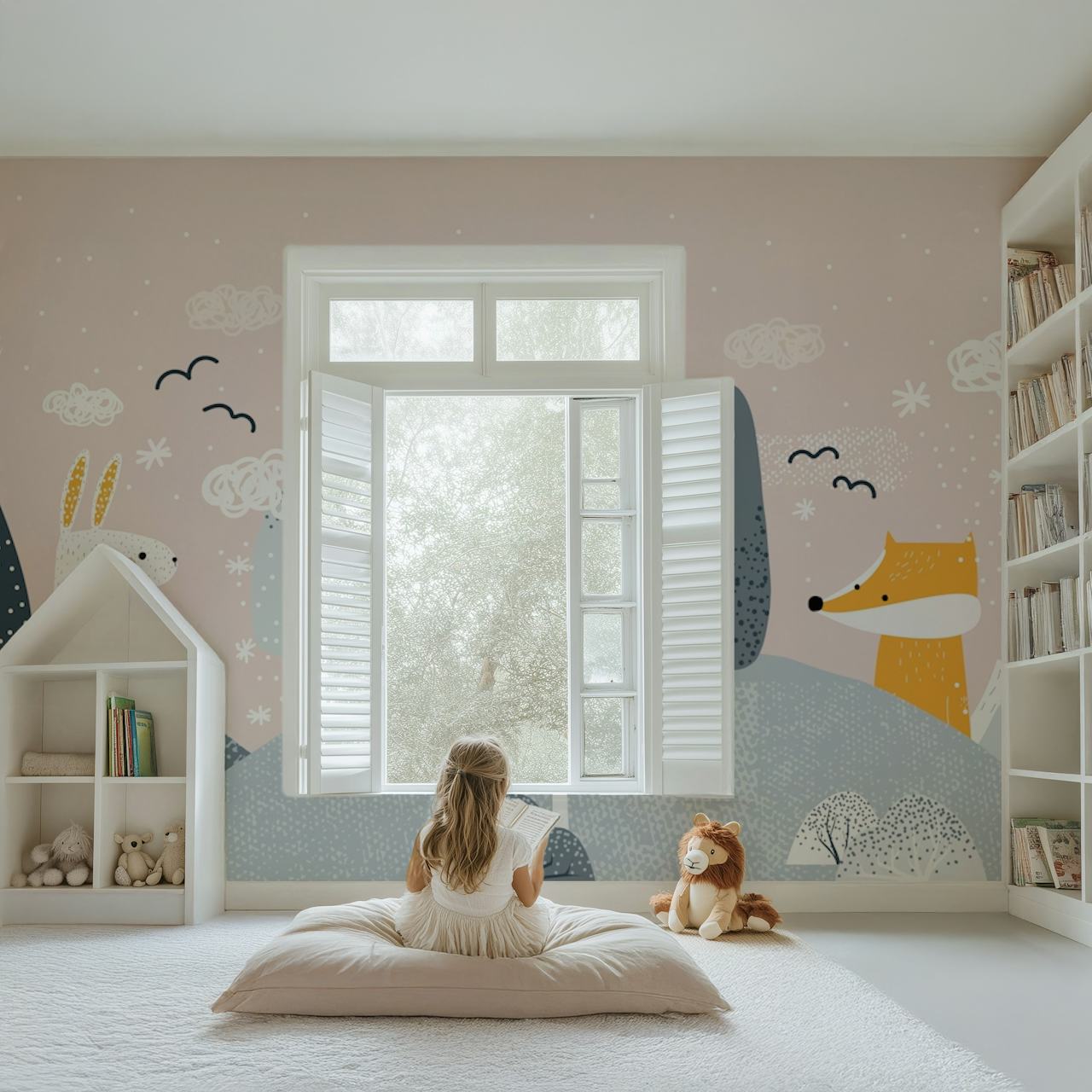 Winter forest animals wallpaper in a room