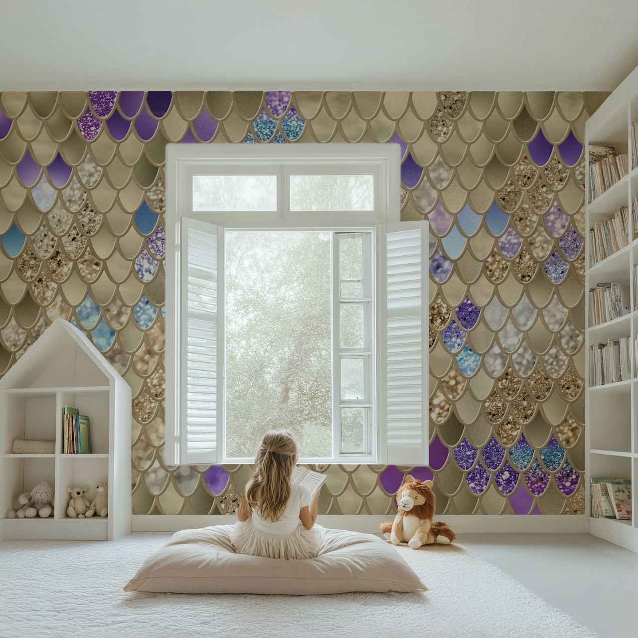 Gold Violet Blue Meerjungfrau Schuppen in einem Raum
