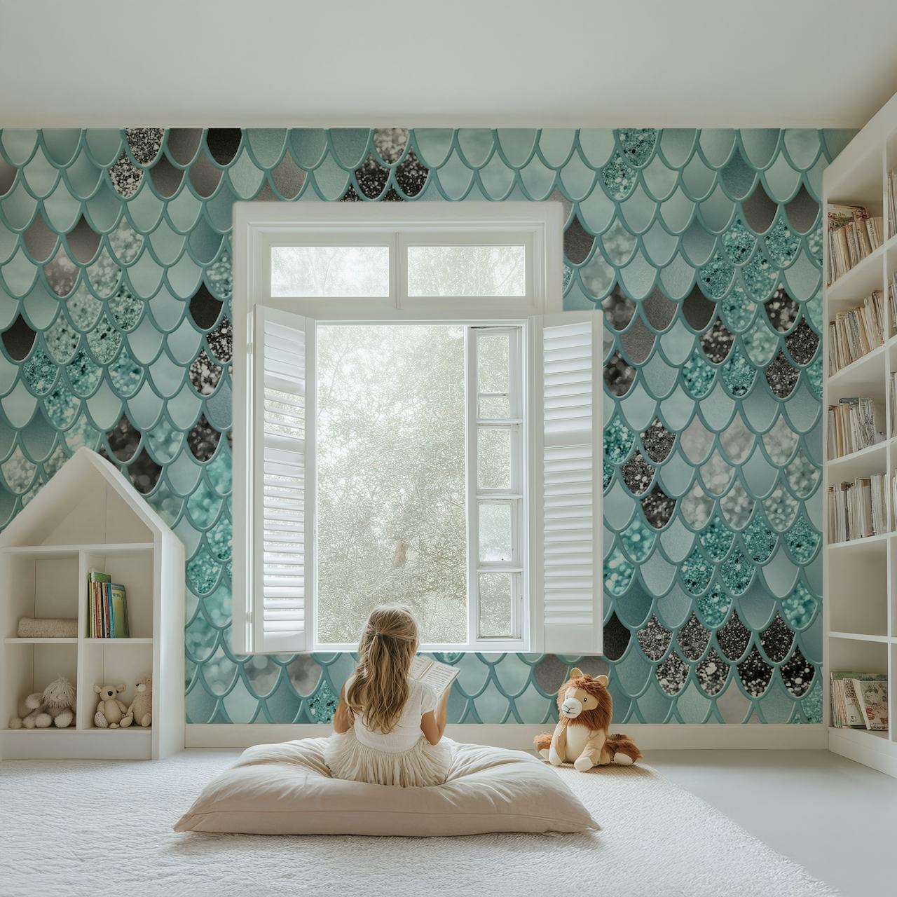 Mint black mermaid scales wallpaper with shiny scales pattern