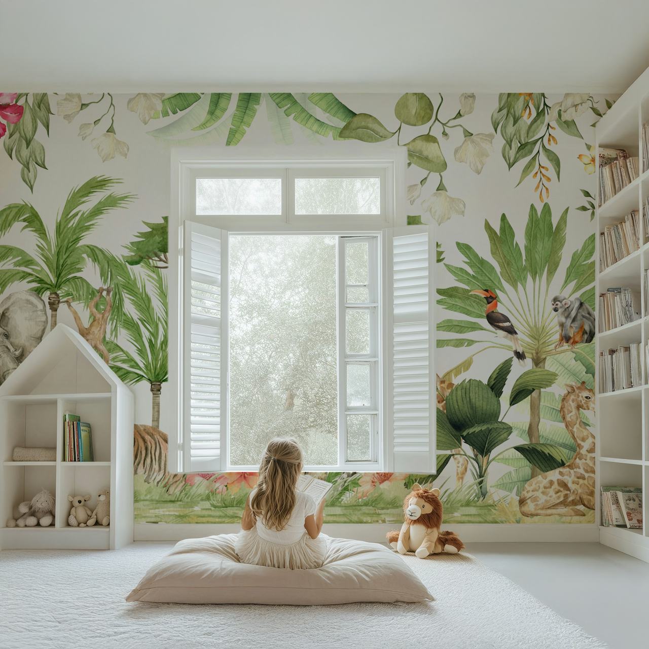 Tropical jungle wallpaper with elephants, tigers, giraffes, and lush green plants