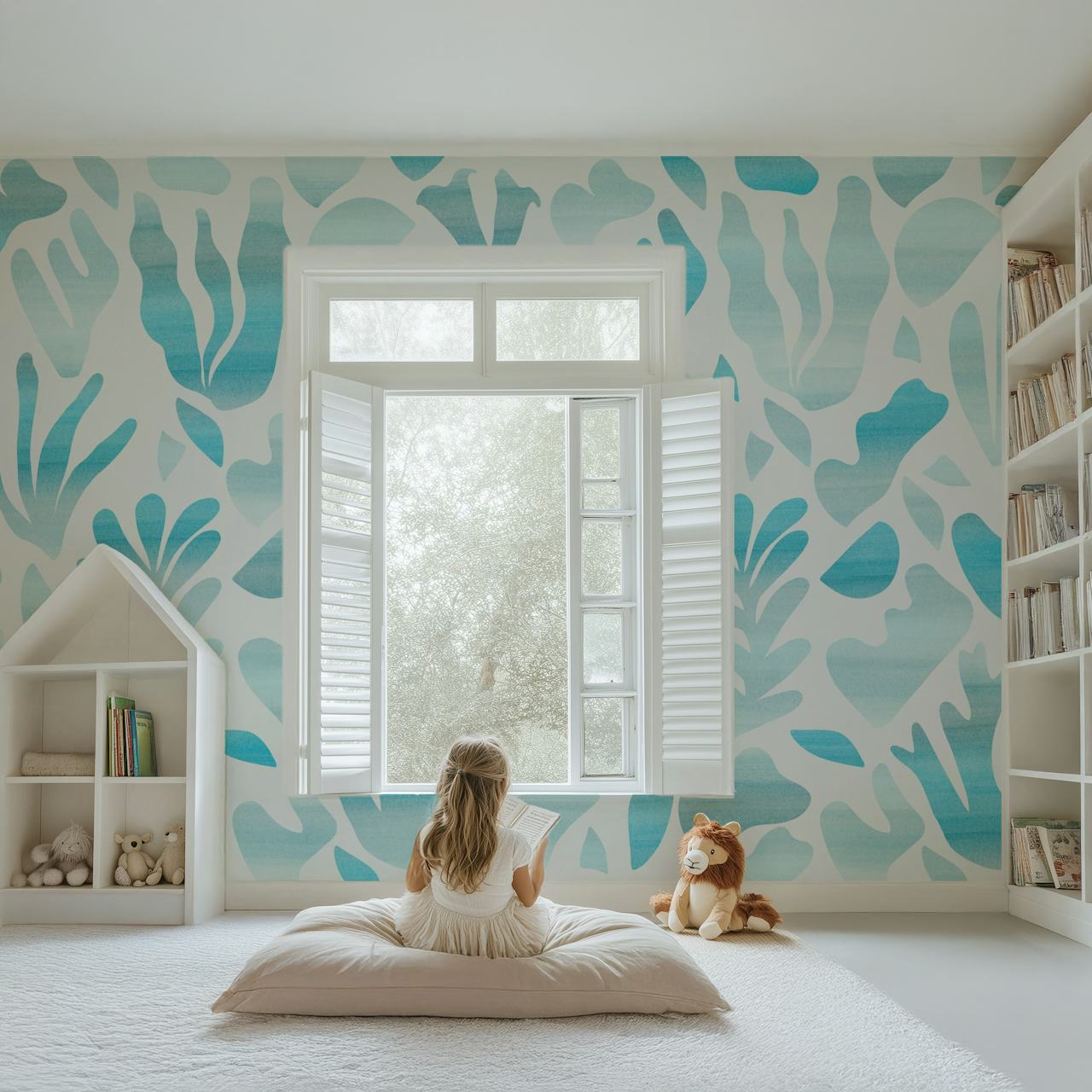 Abstract seagrass shapes in shades of blue and white wallpaper