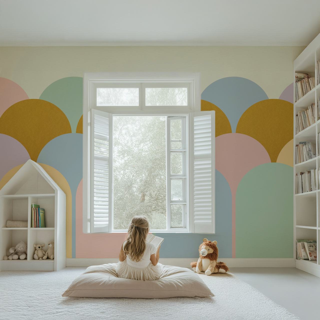 Bunte pastellfarbene Boho-Bögen in einem Wandgemälde