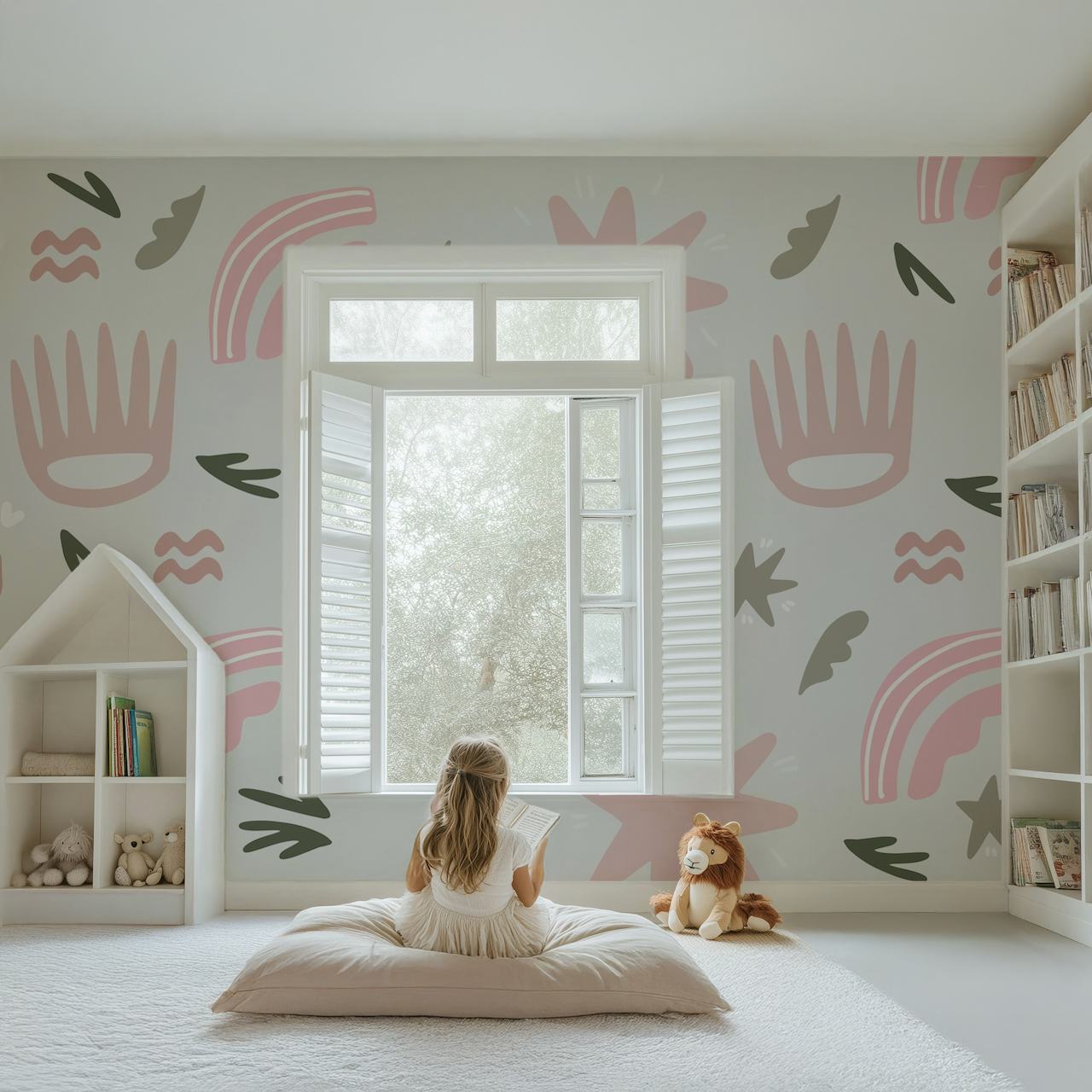 Abstract playful floral wall mural in soft pinks and greys for children's room