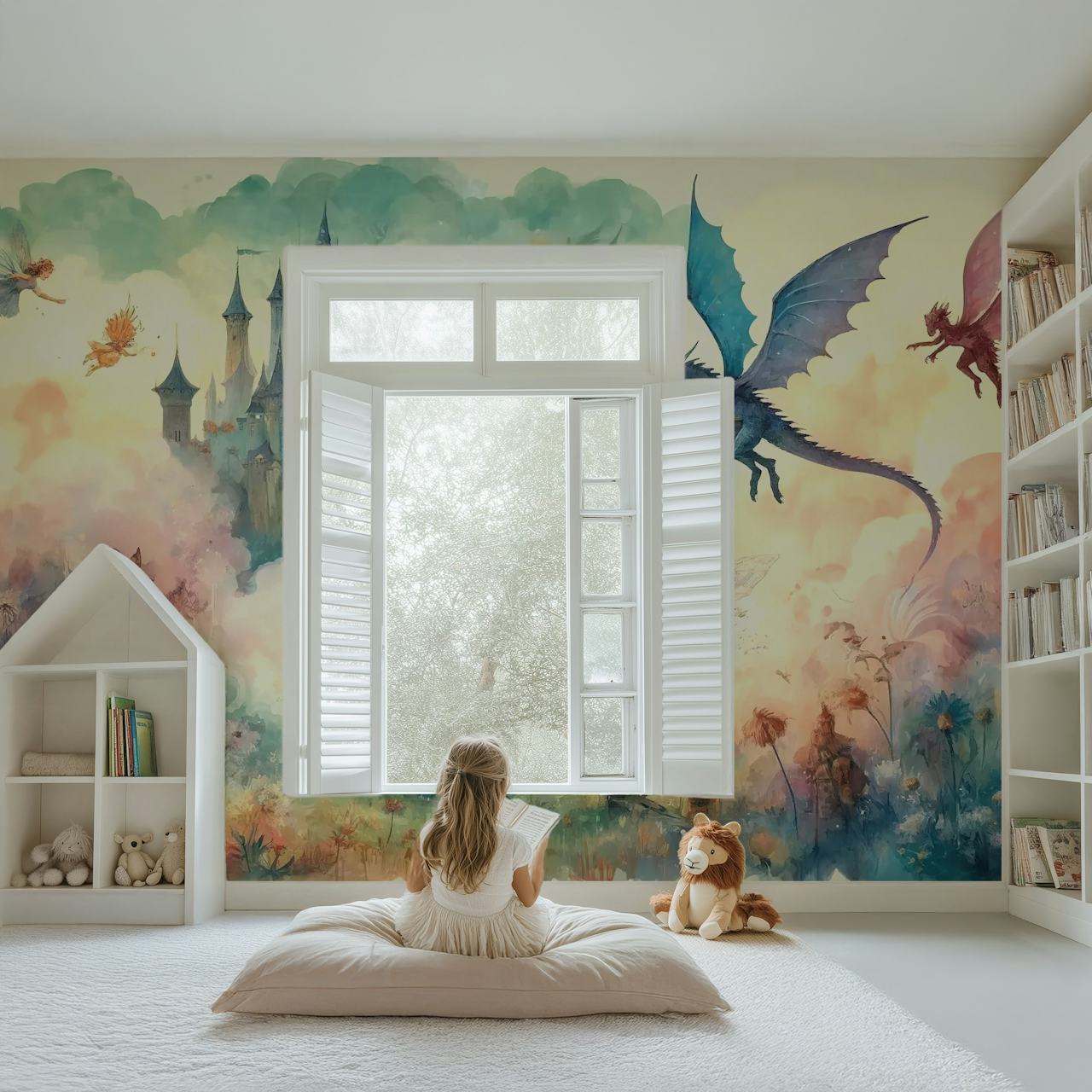 Colorful castle with fairies and dragons, blue and pastel mural wallpaper