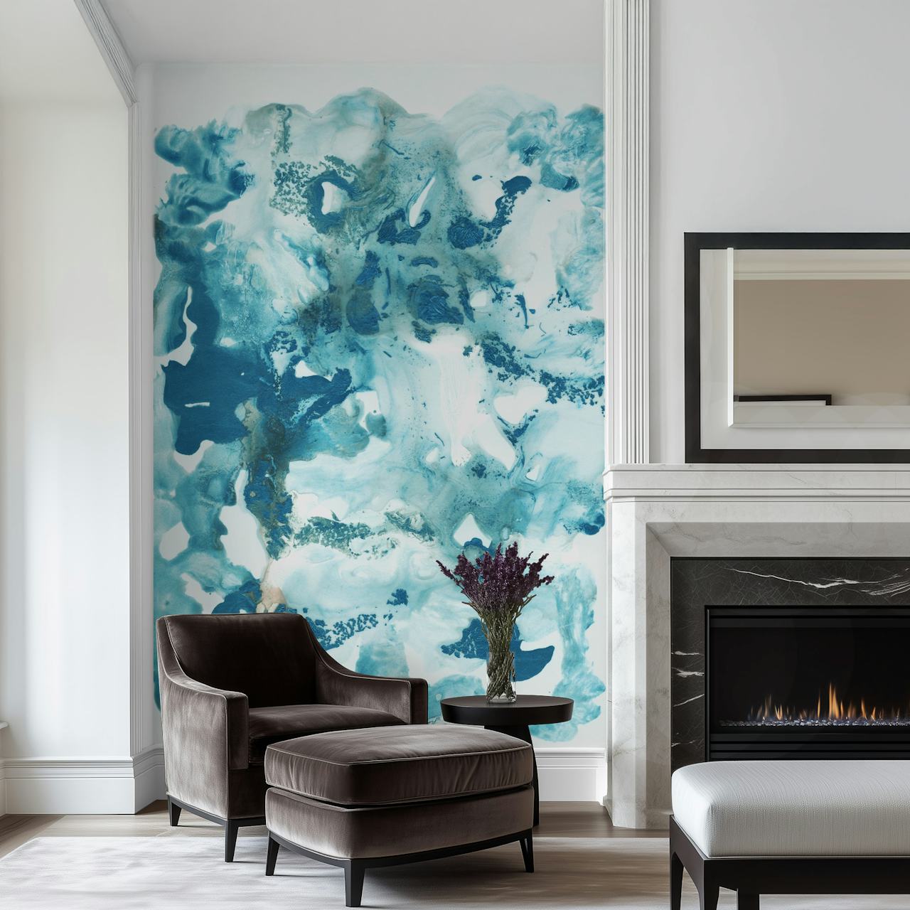 Blue Ocean Ink Abstract behang in een kamer