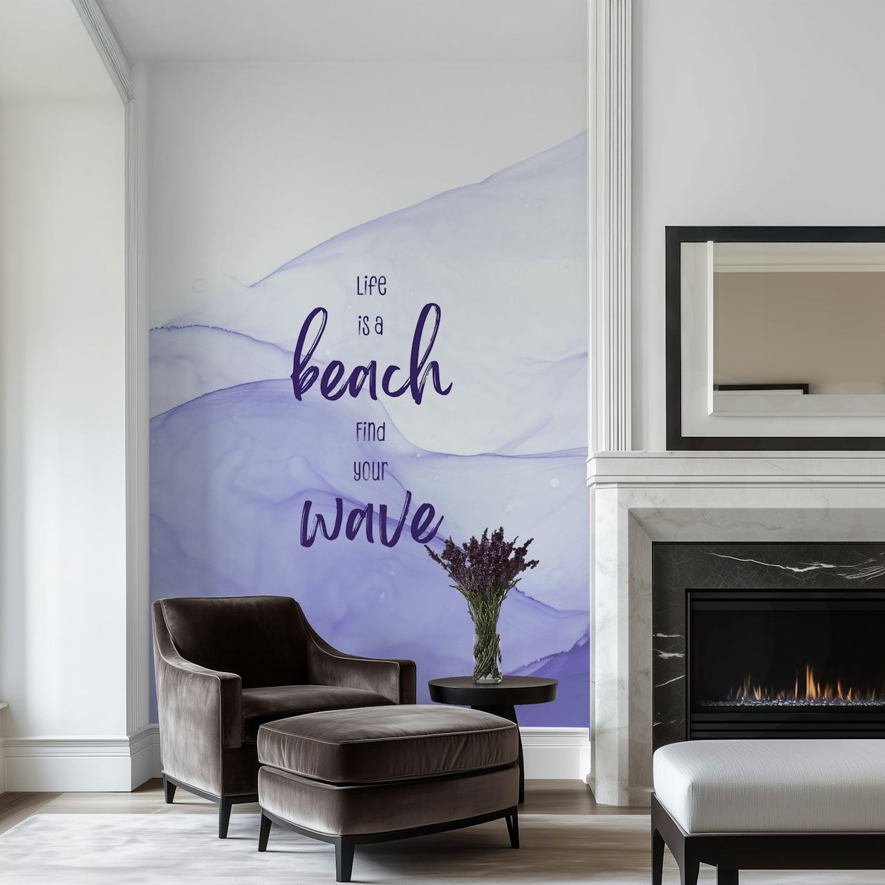 Wavy purple ocean design with text 'Life is a beach' wallpaper