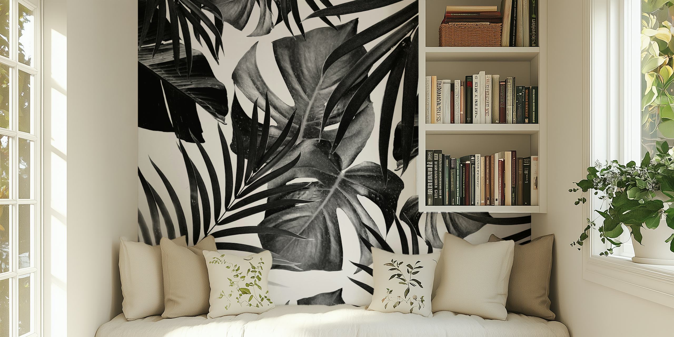 Black and white tropical leaves wallpaper
