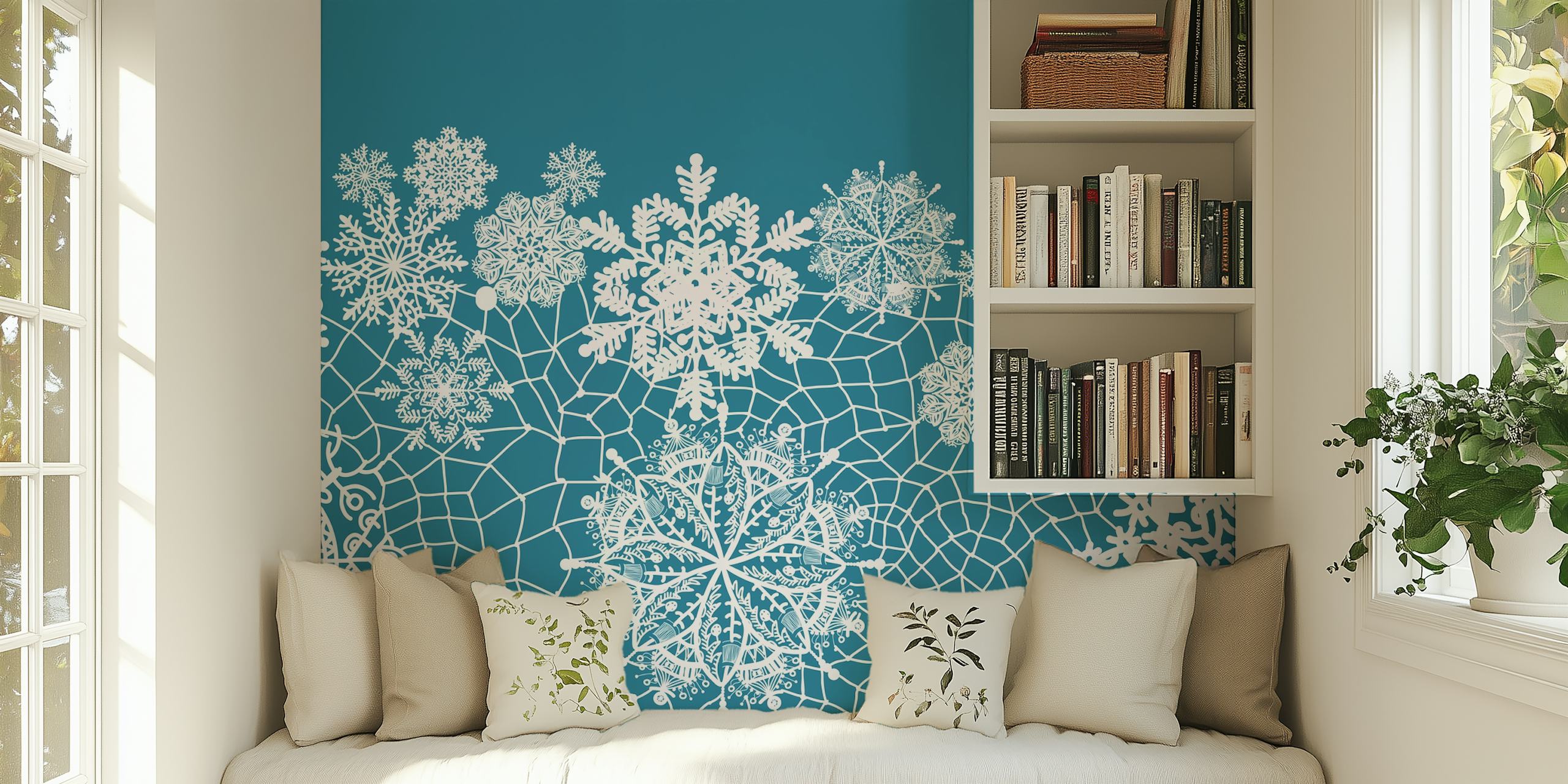 White lace snowflake patterns on teal background wallpaper
