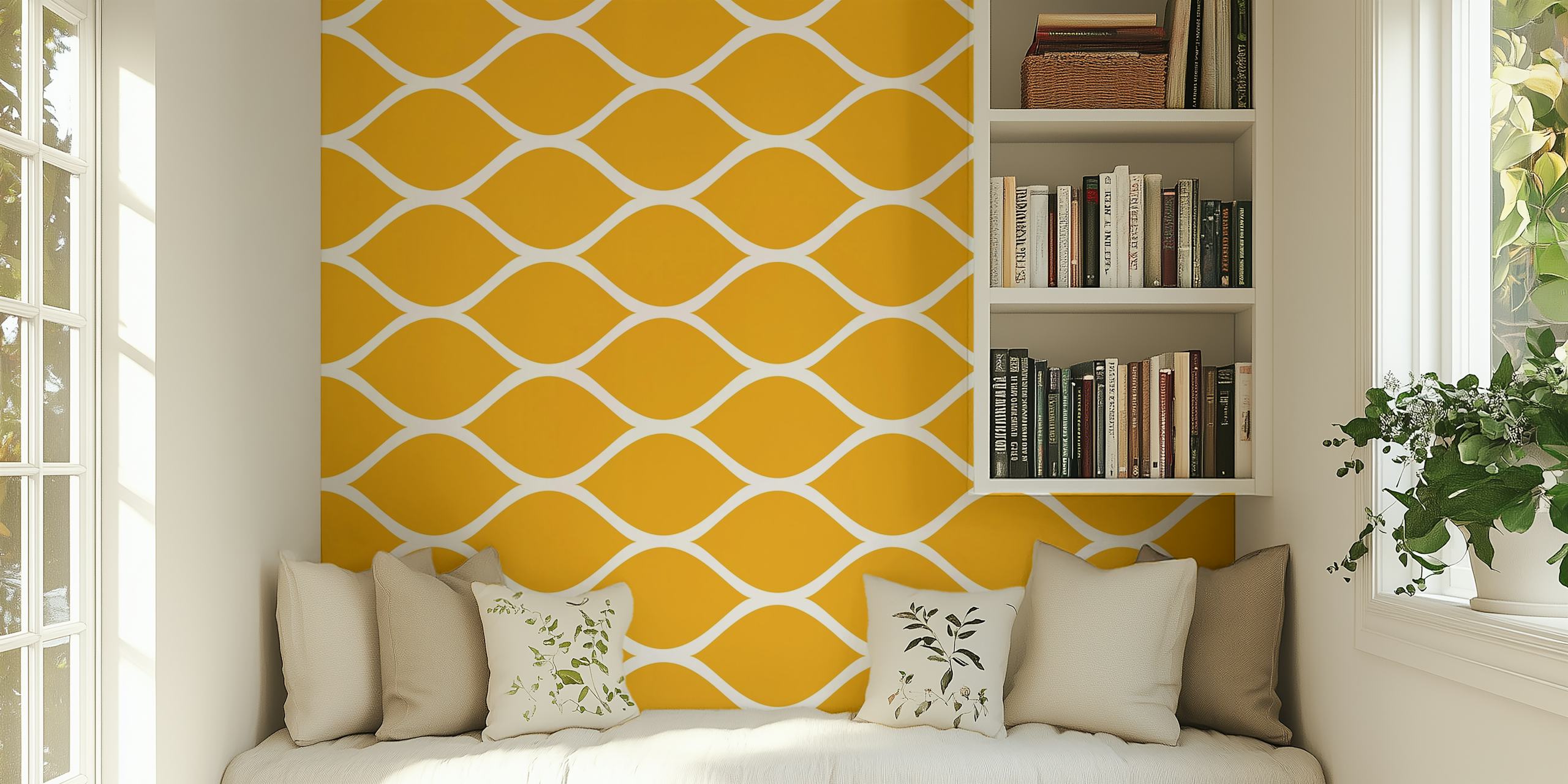Ogee pattern in golden yellow and white wallpaper