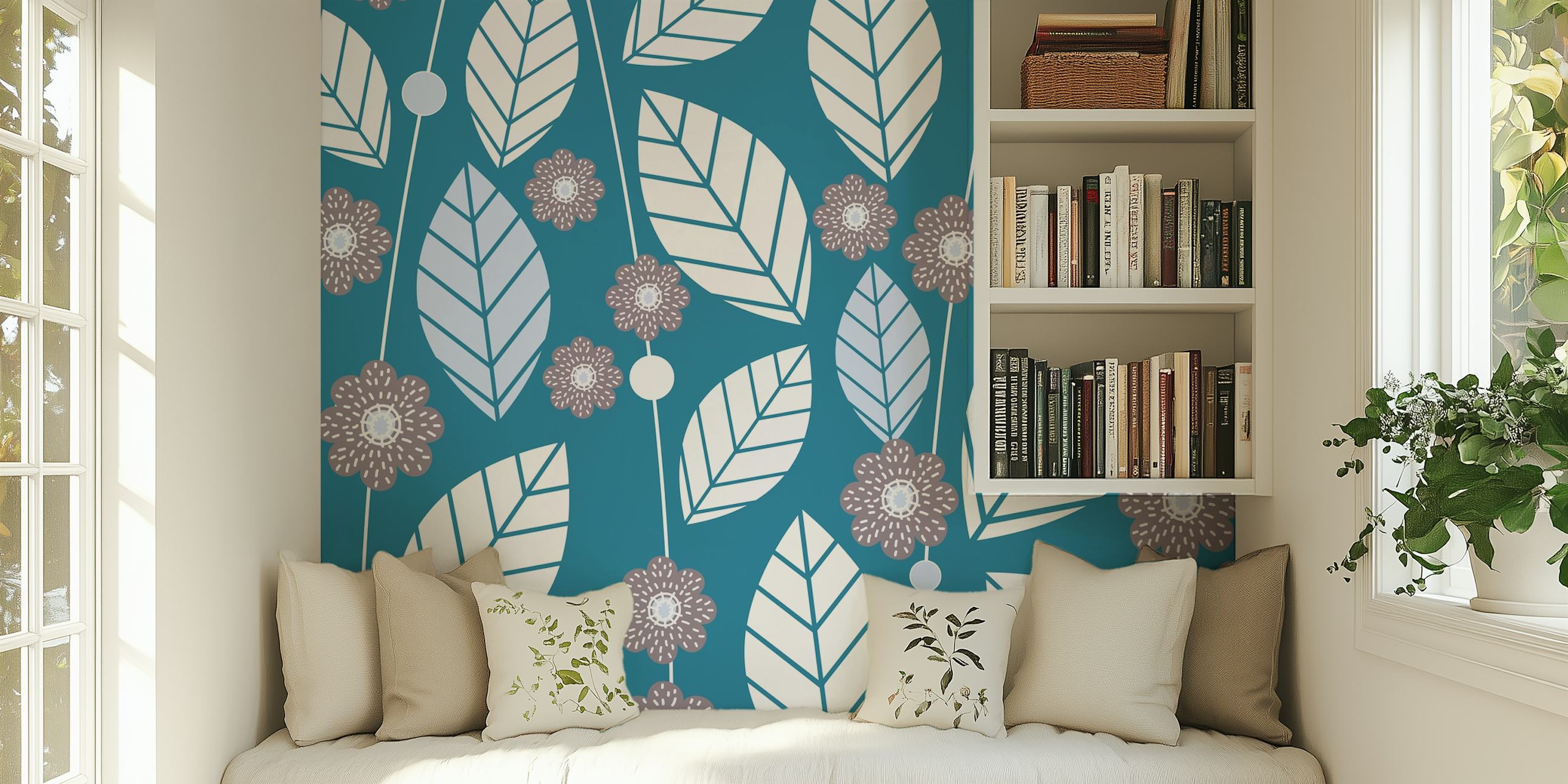 Scandinavian Leaf Flower Teal wallpaper design