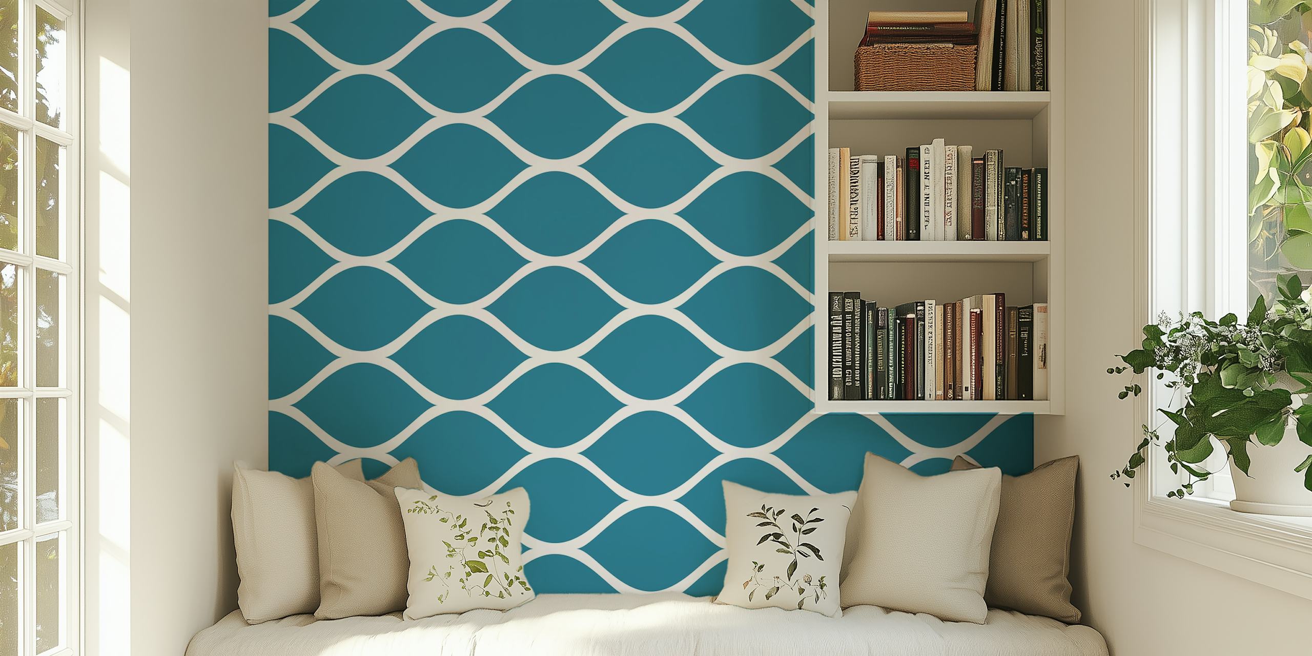 Dark Teal Green Ogee Pattern -tapetti huoneessa