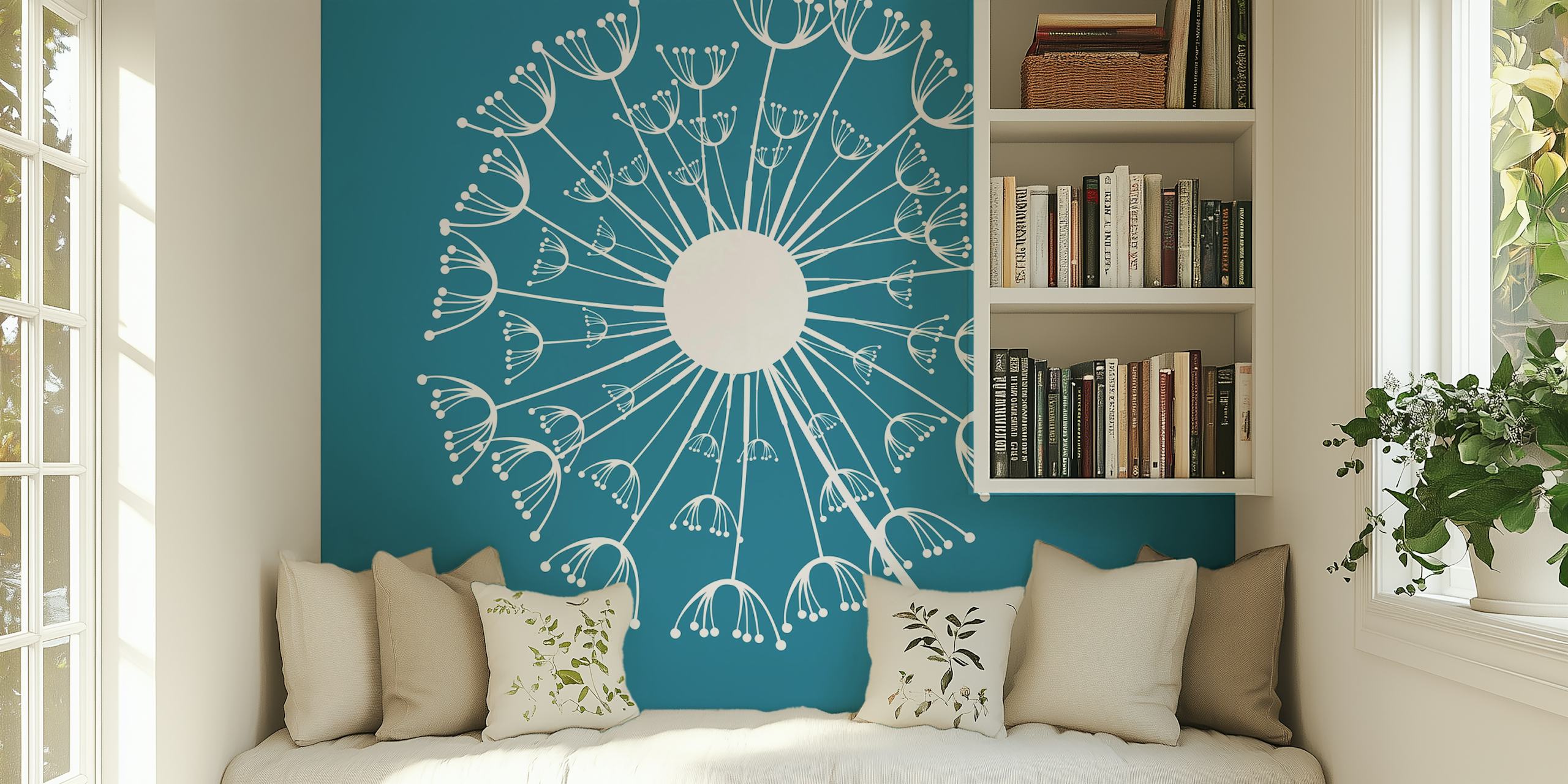 Stylized dandelion in seed silhouette on a dark green blue background wall mural