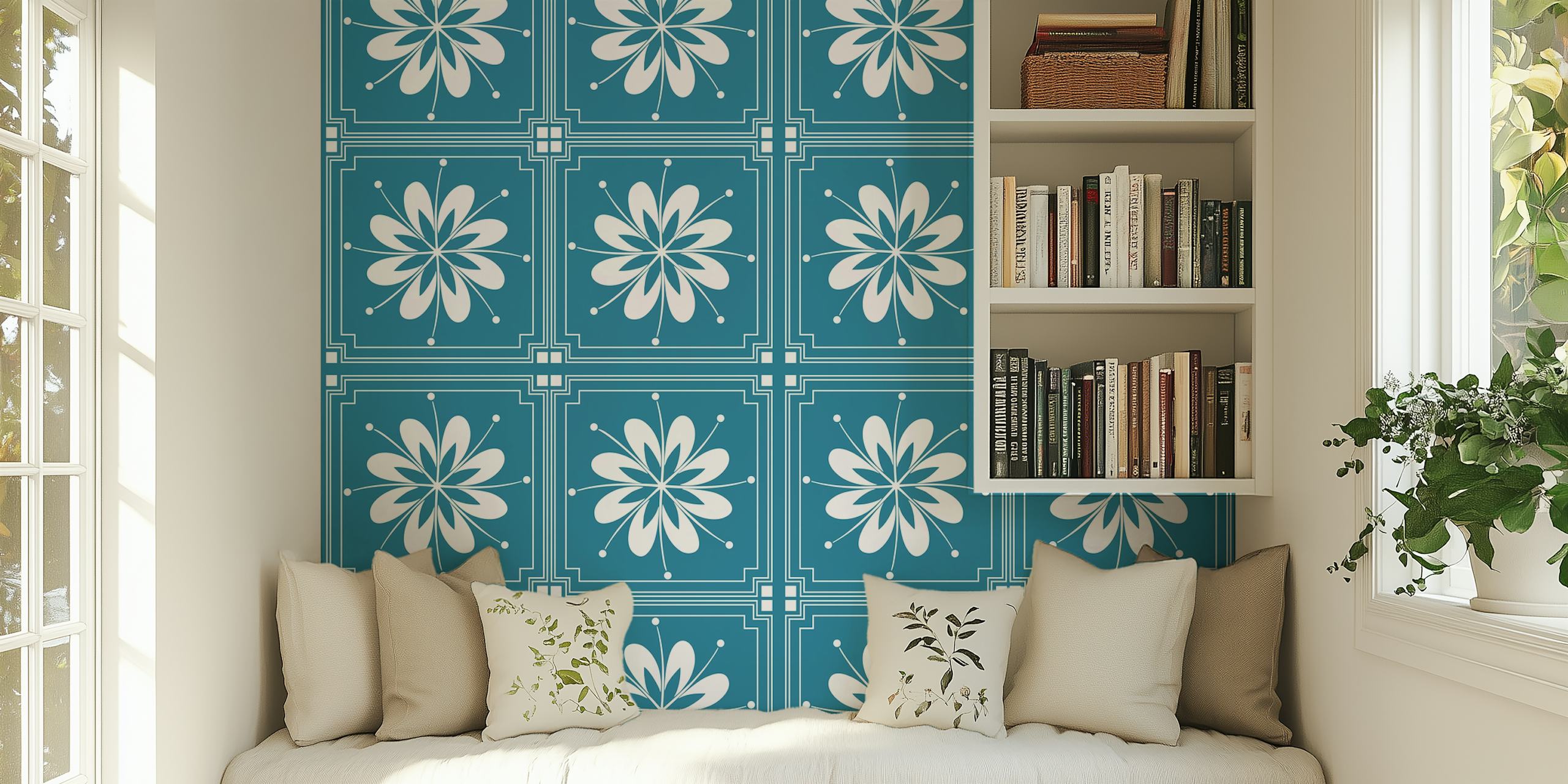 Floral Pattern behang in donker tealblauw