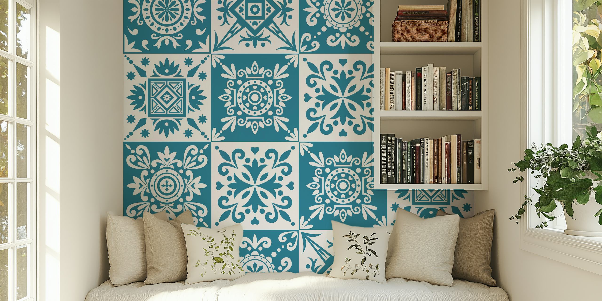 Alhambra-inspired white and teal geometric pattern wall mural