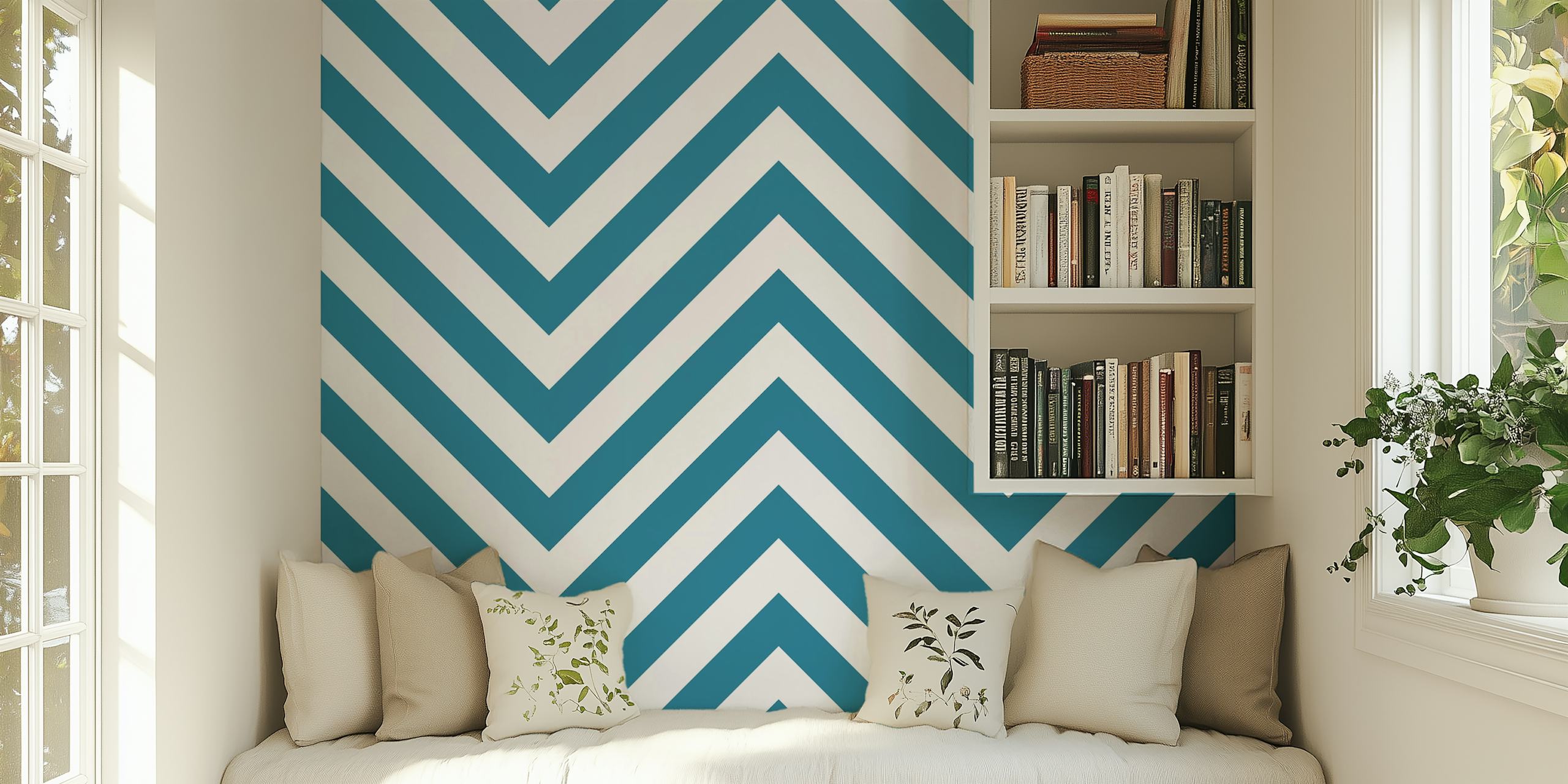 Teal and white chevron pattern wallpaper design