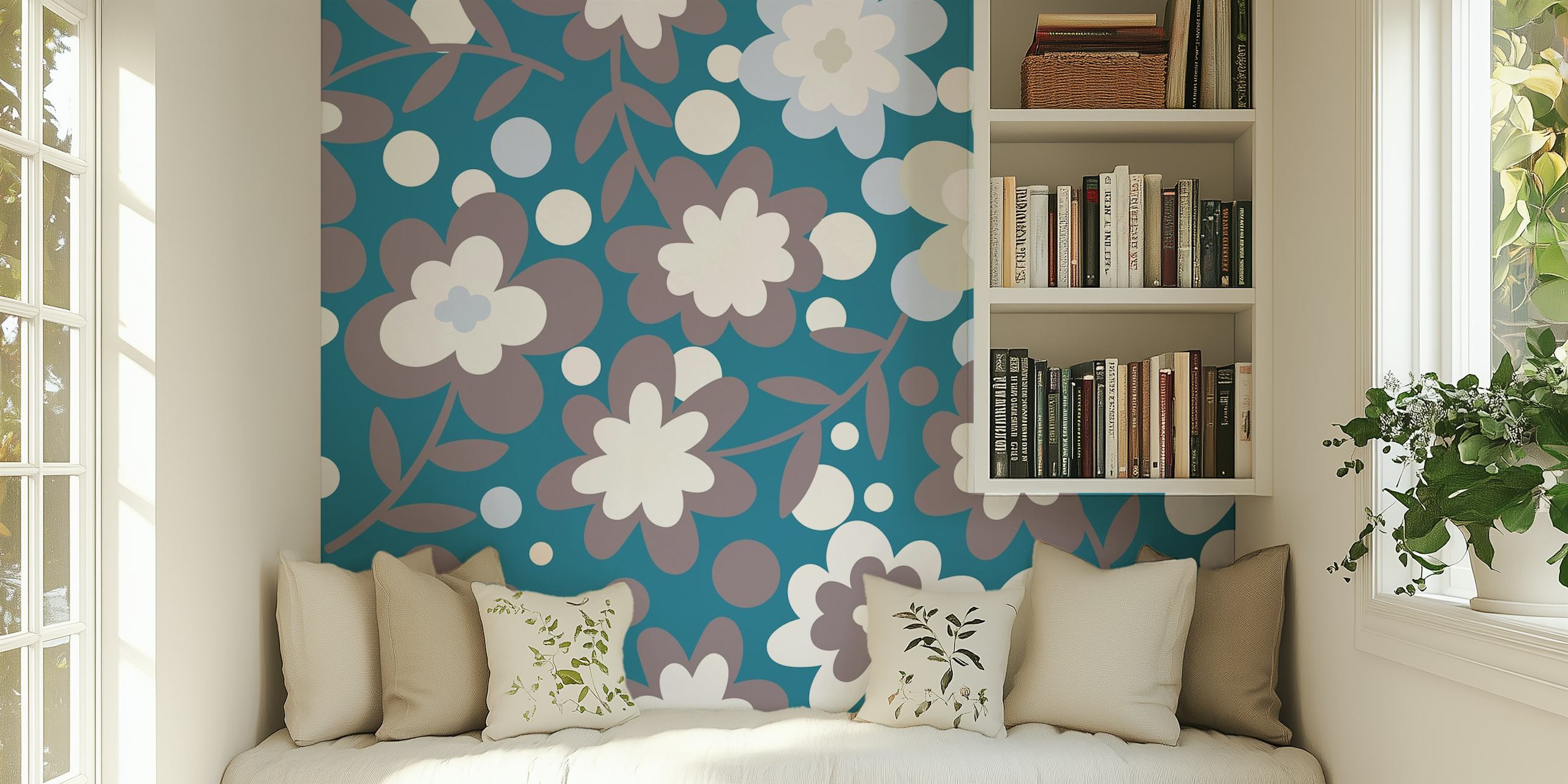 Floral pattern in teal, grey and white colors wallpaper
